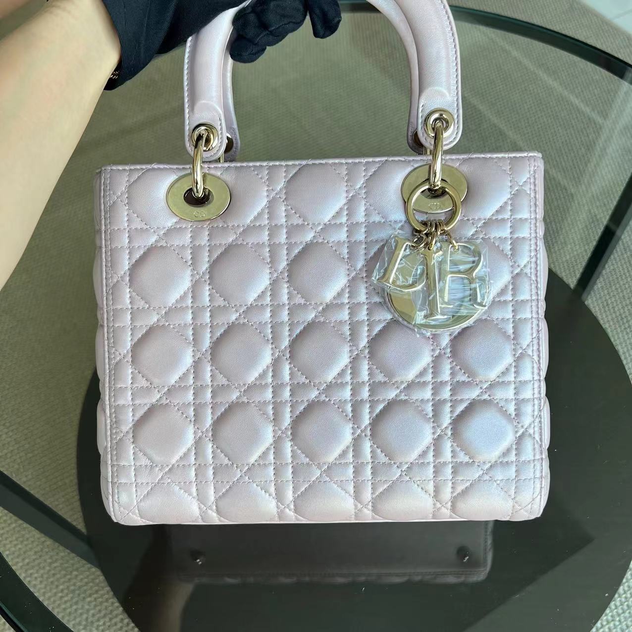 *Adjustable strap* Dior Lady Medium Cannage Lambskin Iridescent Sakura Pink GHW - Luxury Evermore