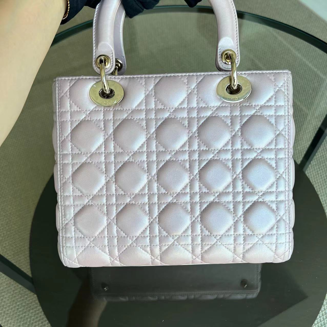 *Adjustable strap* Dior Lady Medium Cannage Lambskin Iridescent Sakura Pink GHW - Luxury Evermore