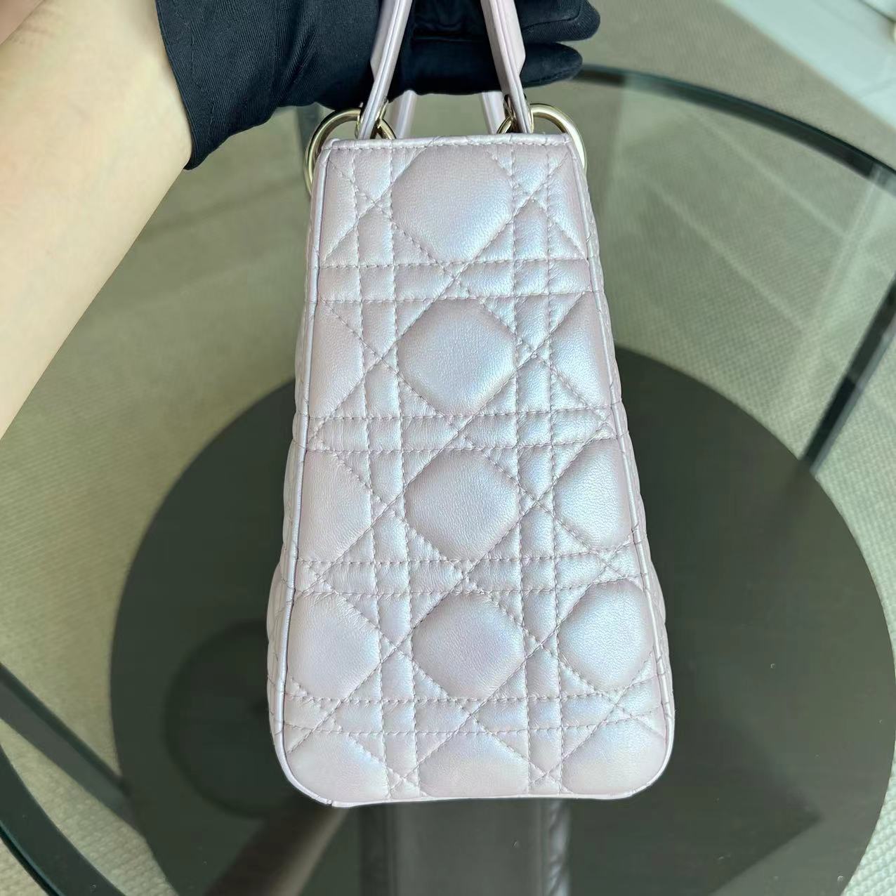 *Adjustable strap* Dior Lady Medium Cannage Lambskin Iridescent Sakura Pink GHW - Luxury Evermore