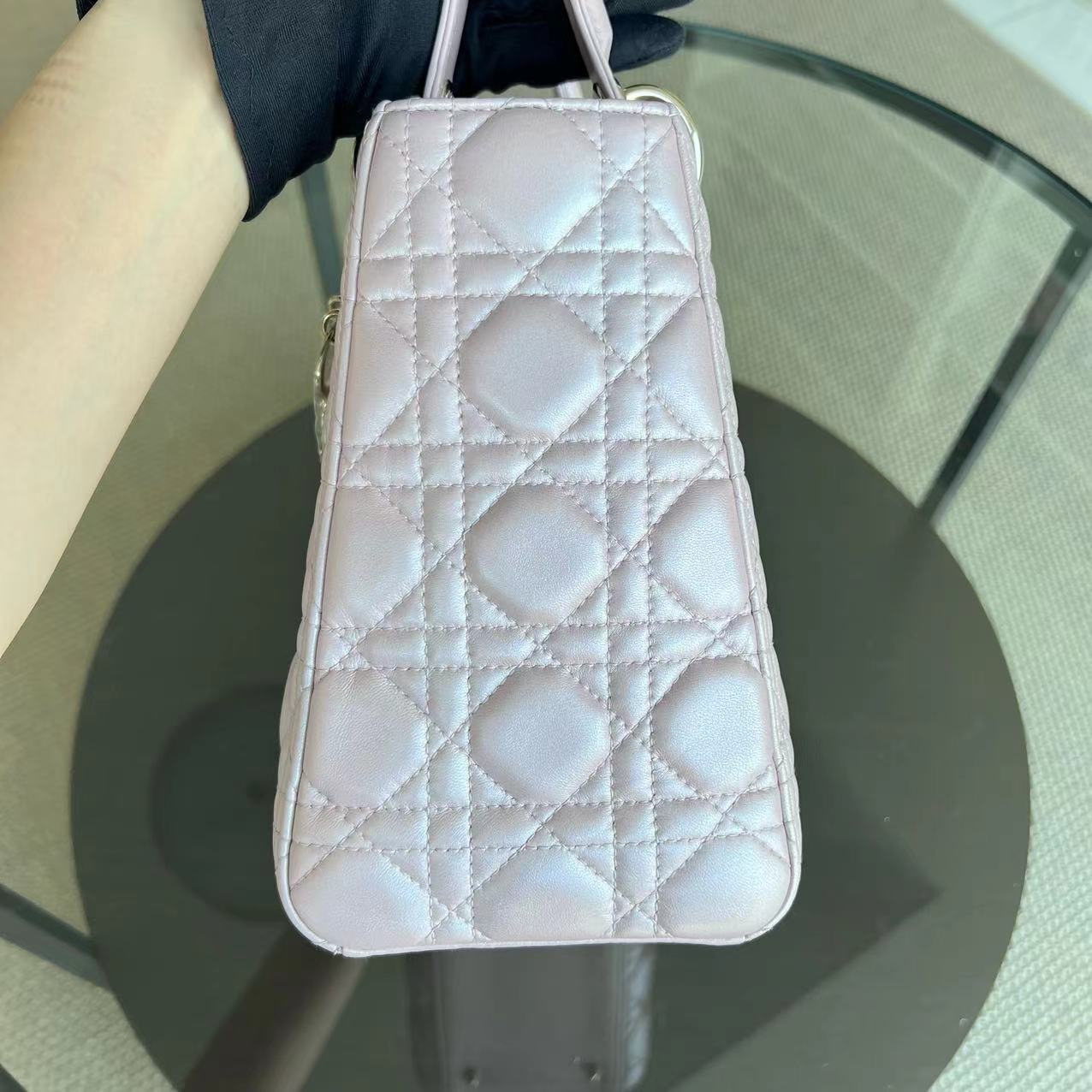 *Adjustable strap* Dior Lady Medium Cannage Lambskin Iridescent Sakura Pink GHW - Luxury Evermore