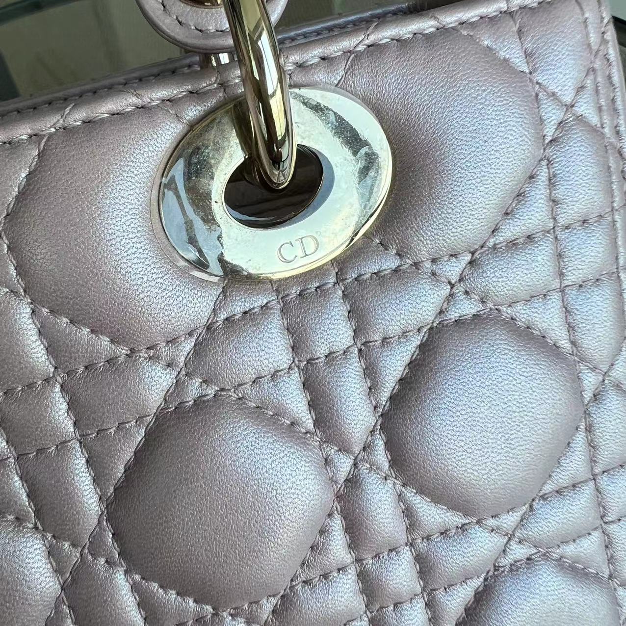 *Adjustable strap* Dior Lady Medium Cannage Lambskin Iridescent Sakura Pink GHW - Luxury Evermore