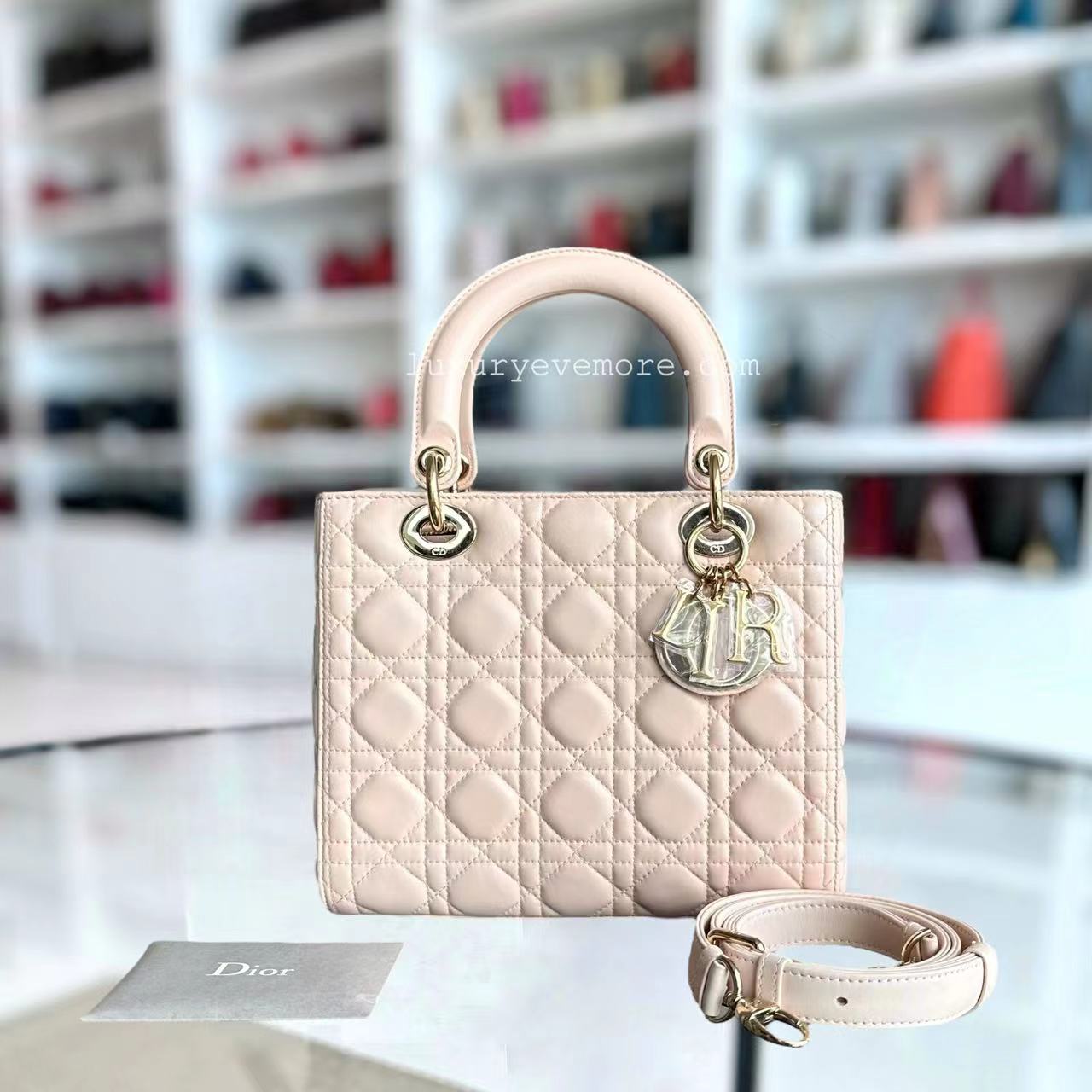 *Adjustable Strap* Dior Lady Medium Cannage Lambskin Sakura Pink Golden Hardware - Luxury Evermore