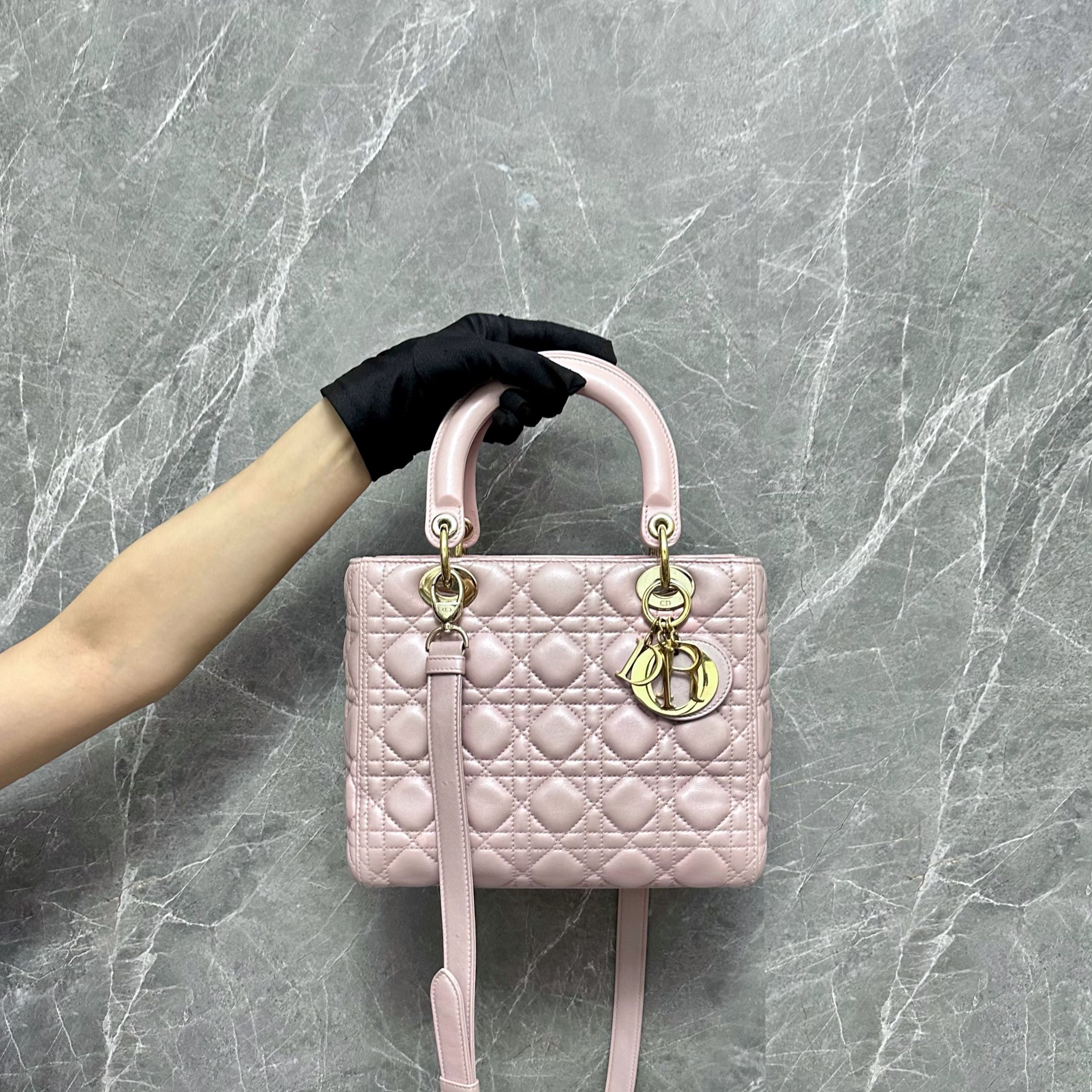 *Adjustable Strap* Dior Lady Medium Lambskin Pink GHW - Luxury Evermore