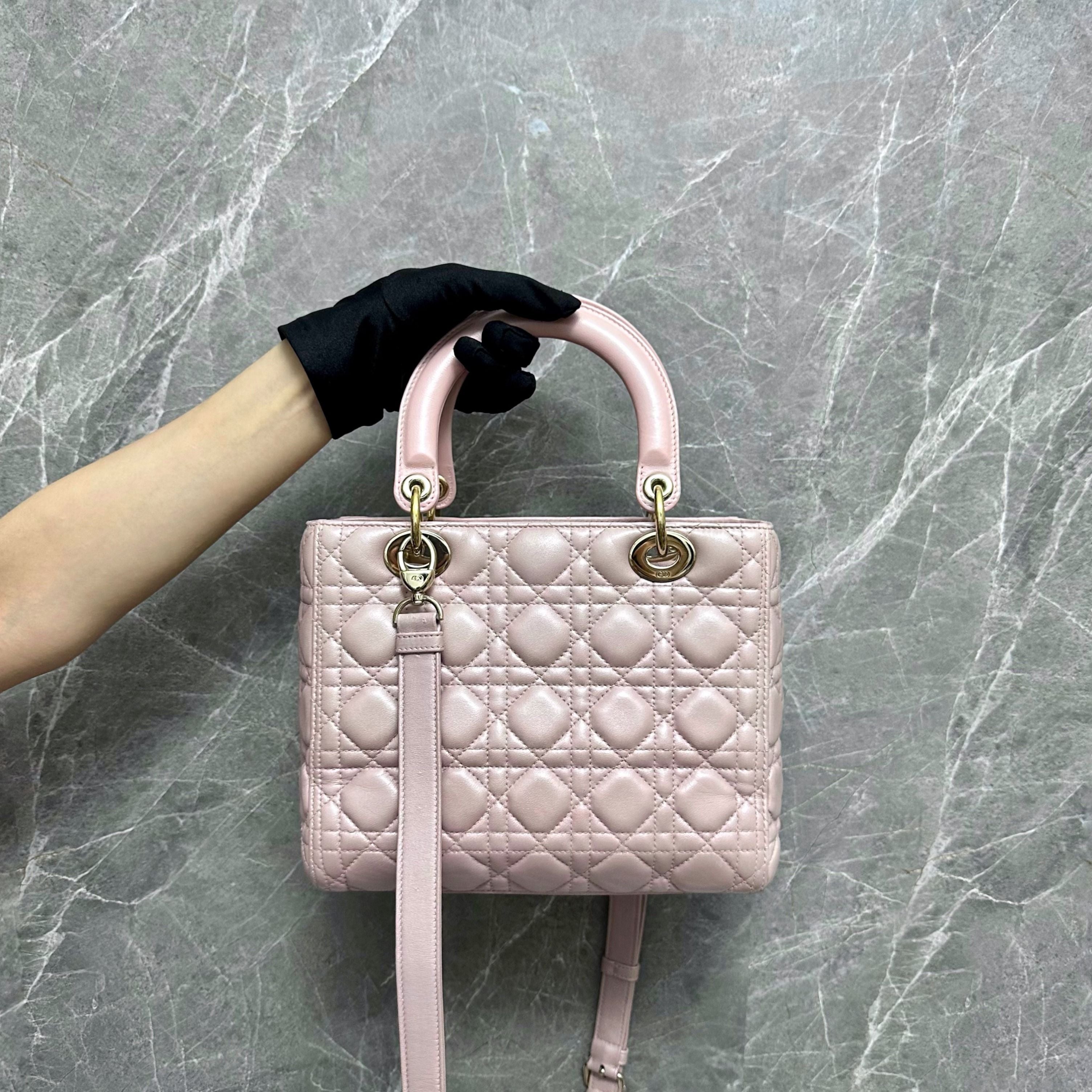 *Adjustable Strap* Dior Lady Medium Lambskin Pink GHW - Luxury Evermore