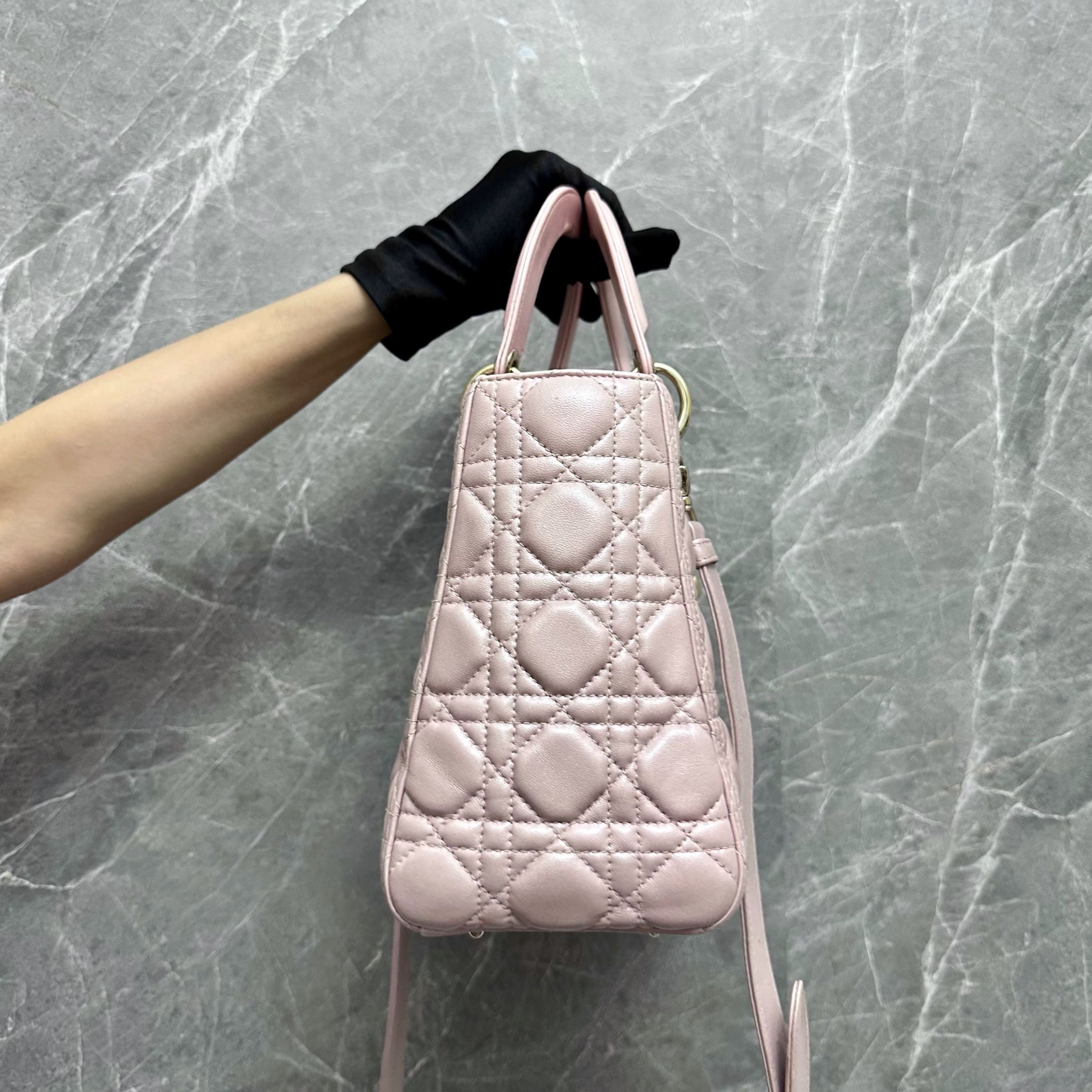 *Adjustable Strap* Dior Lady Medium Lambskin Pink GHW - Luxury Evermore