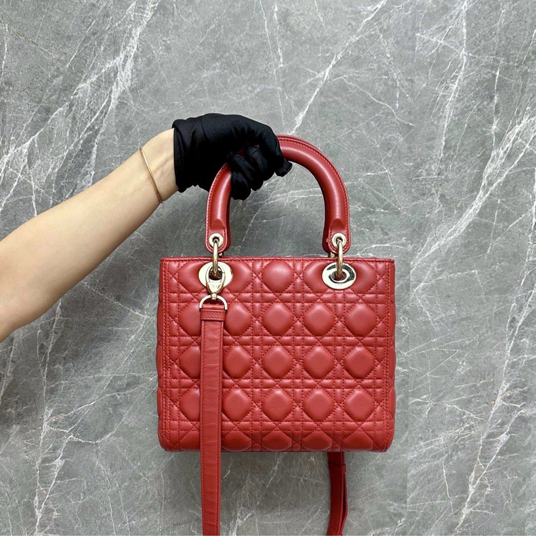 *Adjustable Strap* Dior Lady Medium Lambskin Red GHW - Luxury Evermore