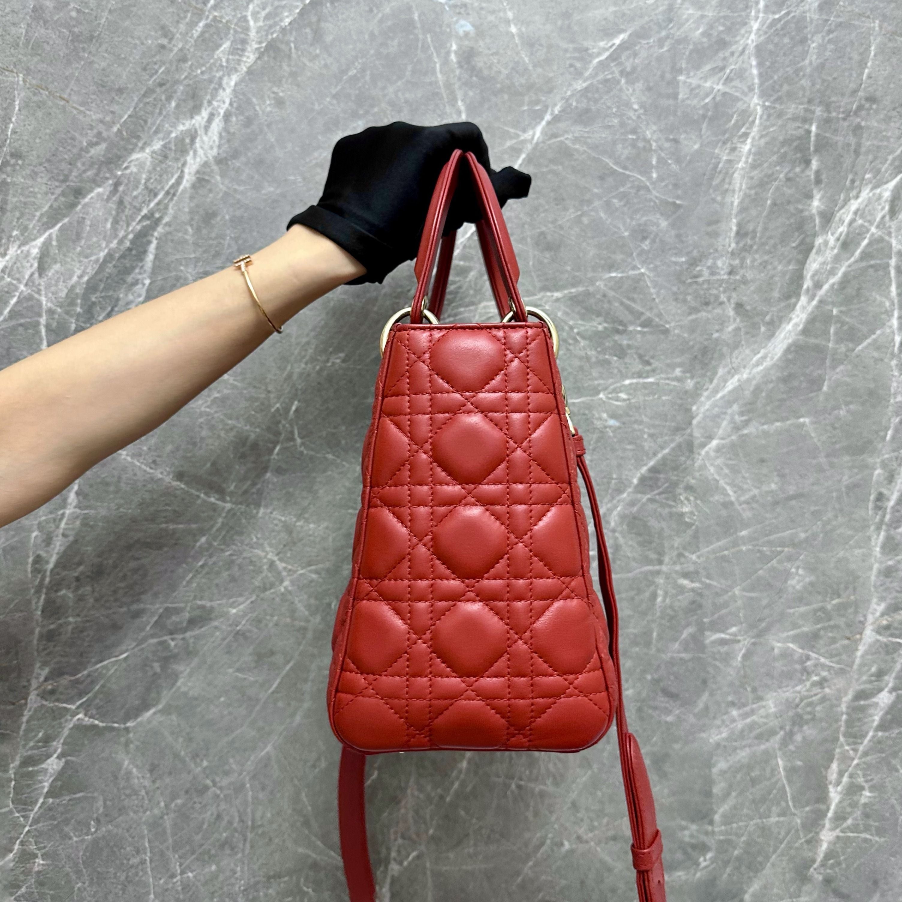 *Adjustable Strap* Dior Lady Medium Lambskin Red GHW - Luxury Evermore