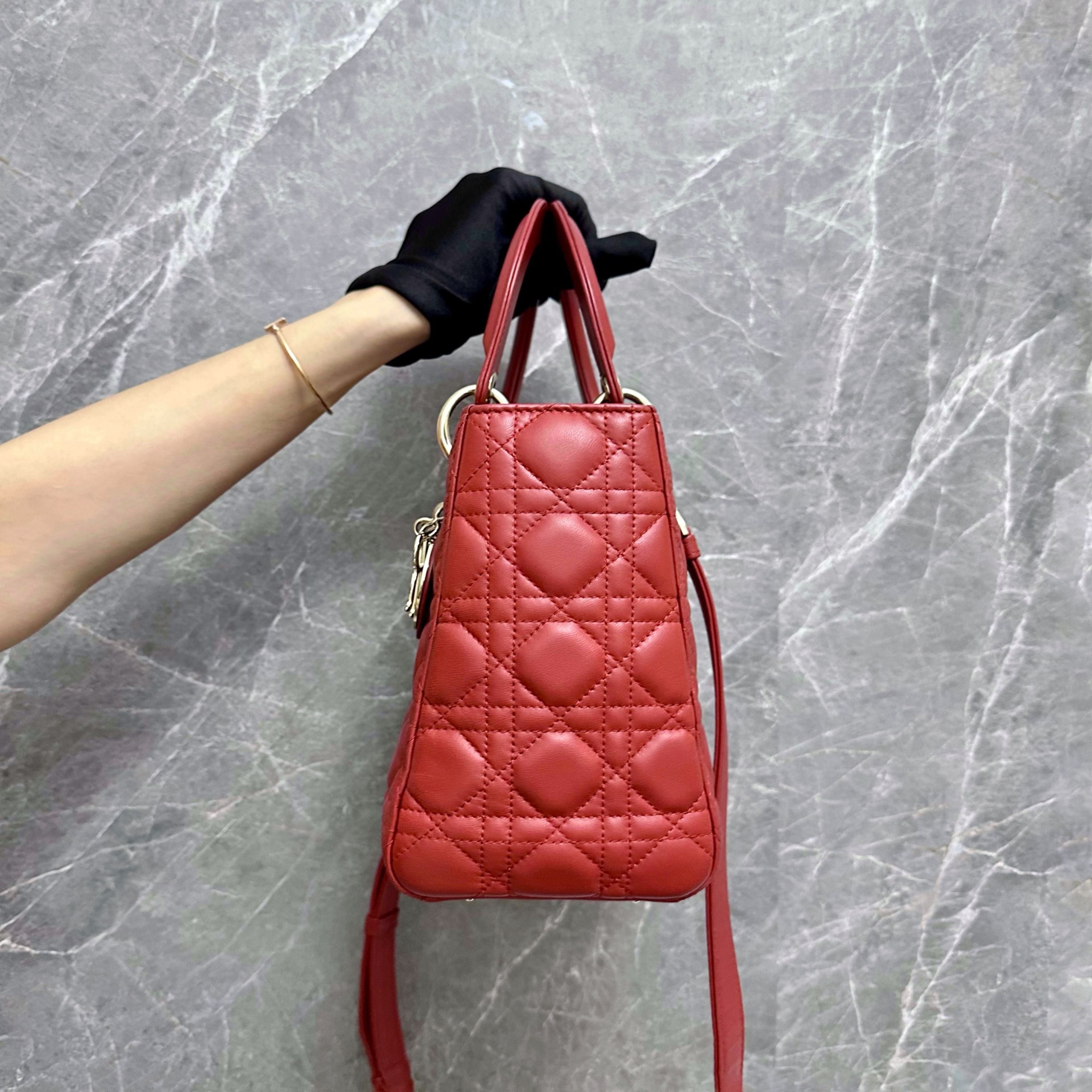 *Adjustable Strap* Dior Lady Medium Lambskin Red GHW - Luxury Evermore