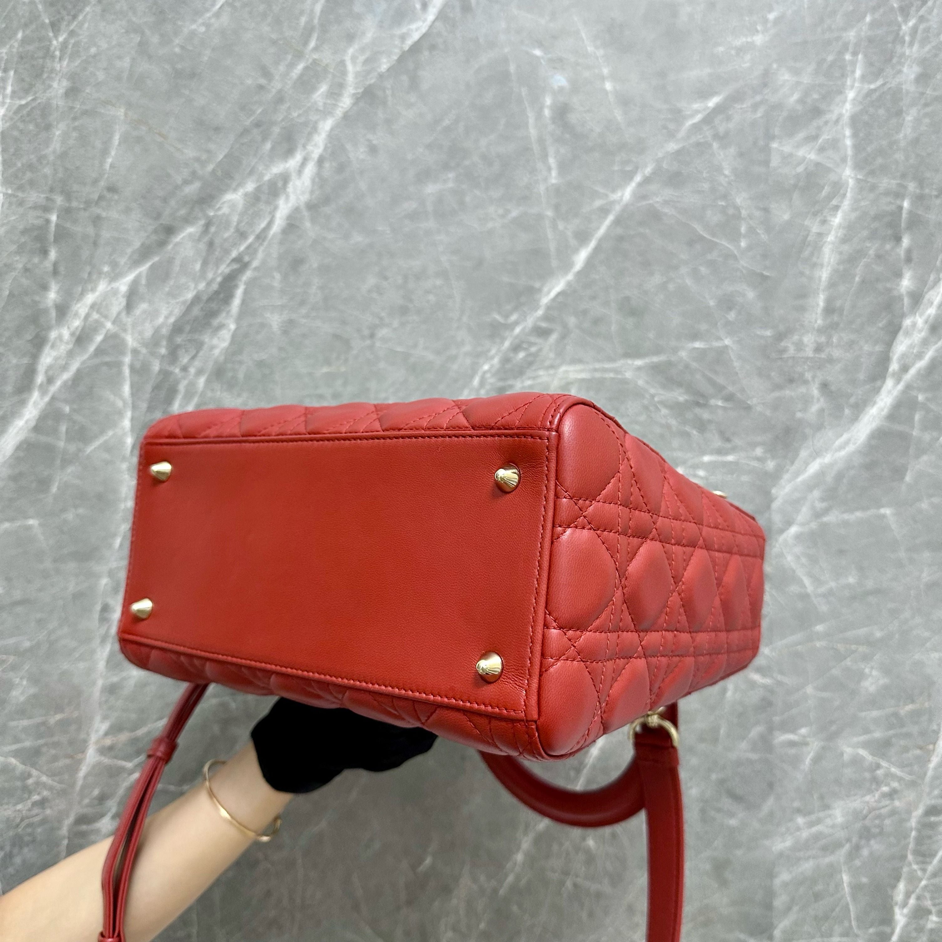 *Adjustable Strap* Dior Lady Medium Lambskin Red GHW - Luxury Evermore