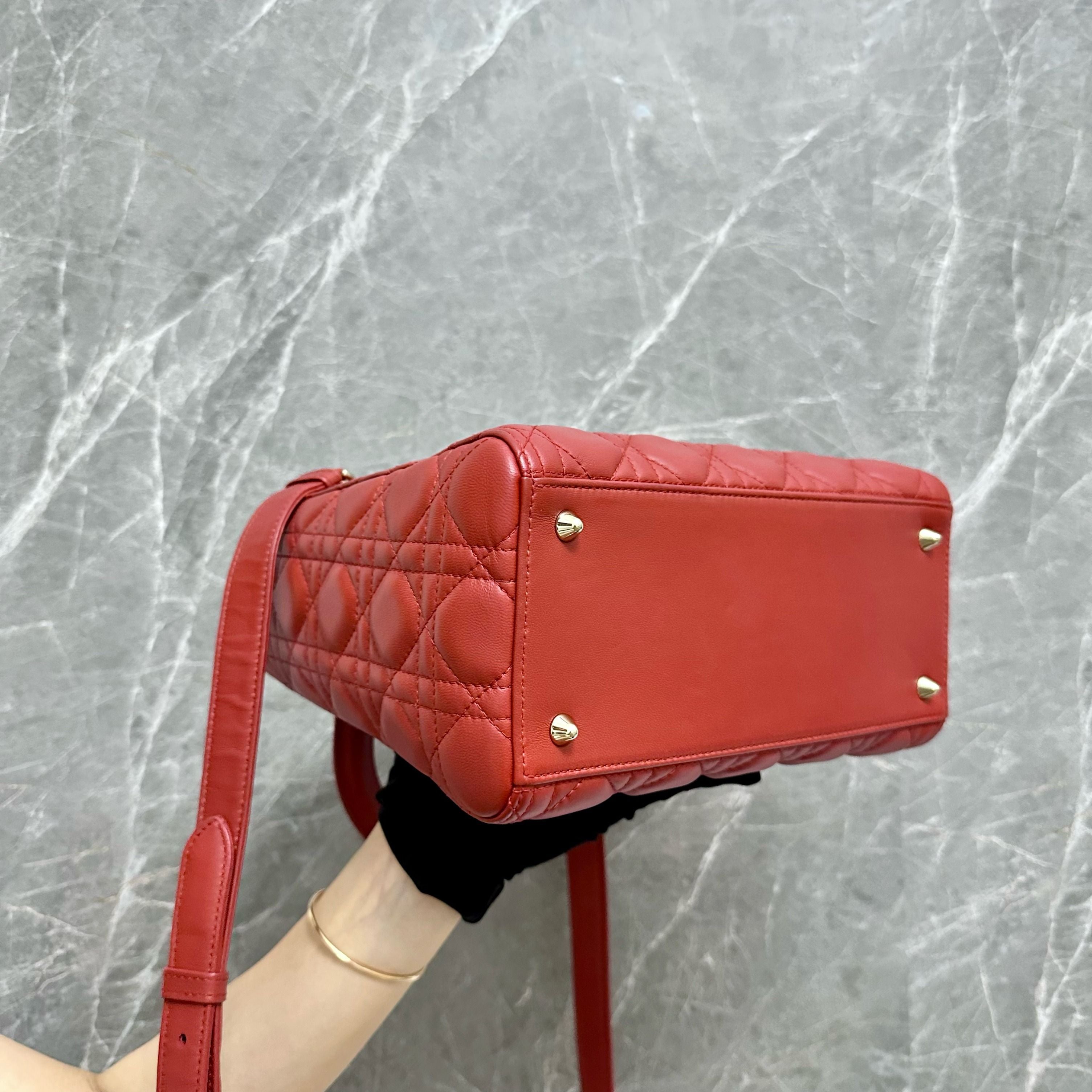 *Adjustable Strap* Dior Lady Medium Lambskin Red GHW - Luxury Evermore