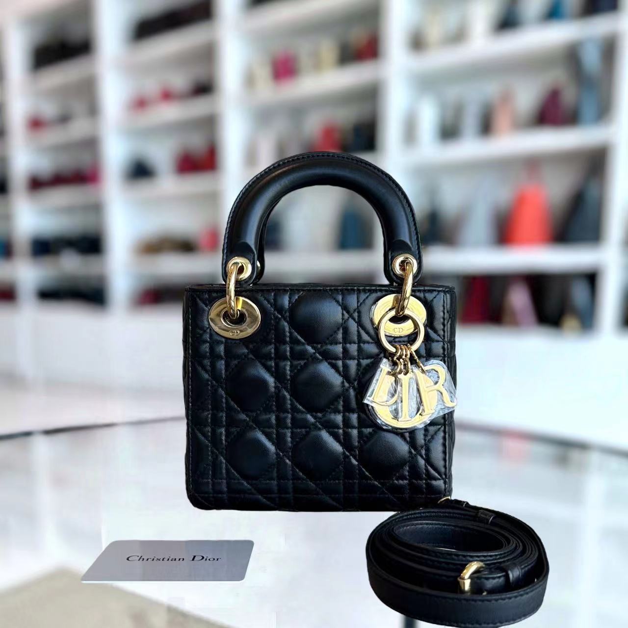 *Adjustable Strap* Dior Lady Mini Cannage Lambskin Black Golden Hardware - Luxury Evermore