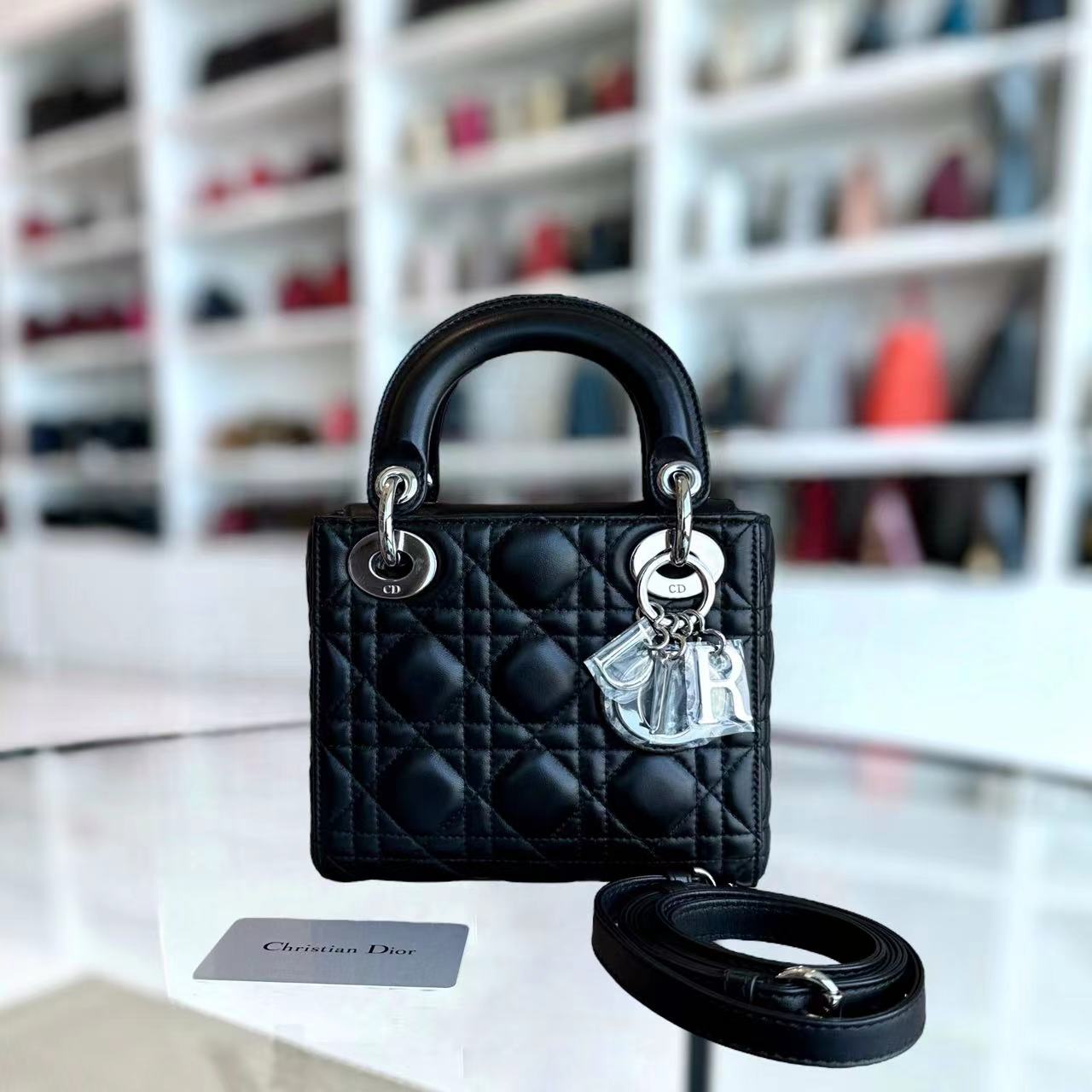 *Adjustable Strap* Dior Lady Mini Cannage Lambskin Black Silver Hardware - Luxury Evermore