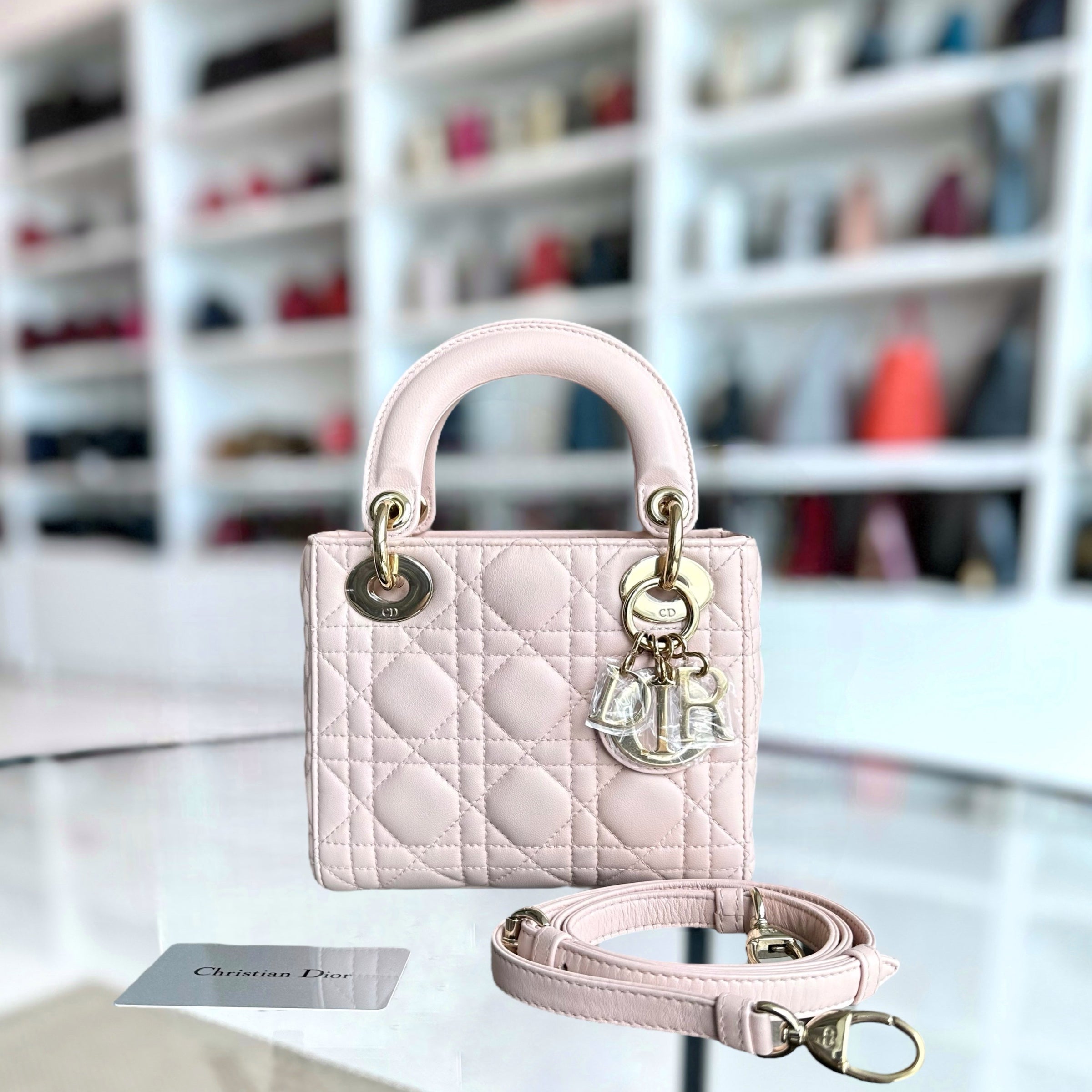 *Adjustable Strap* Dior Lady Mini Cannage Lambskin Light Pink Nude Golden Hardware - Luxury Evermore