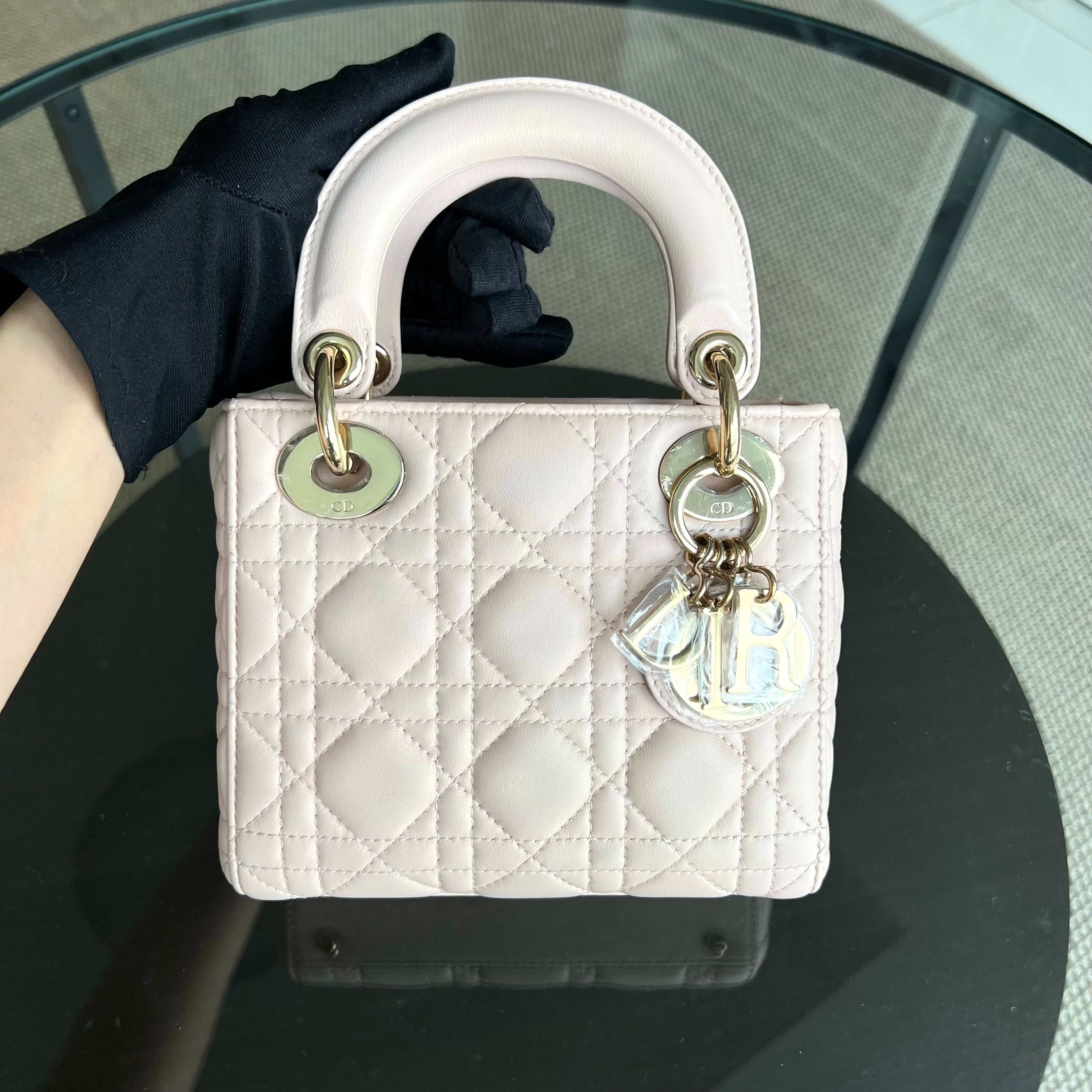 *Adjustable Strap* Dior Lady Mini Cannage Lambskin Light Pink Nude Golden Hardware - Luxury Evermore