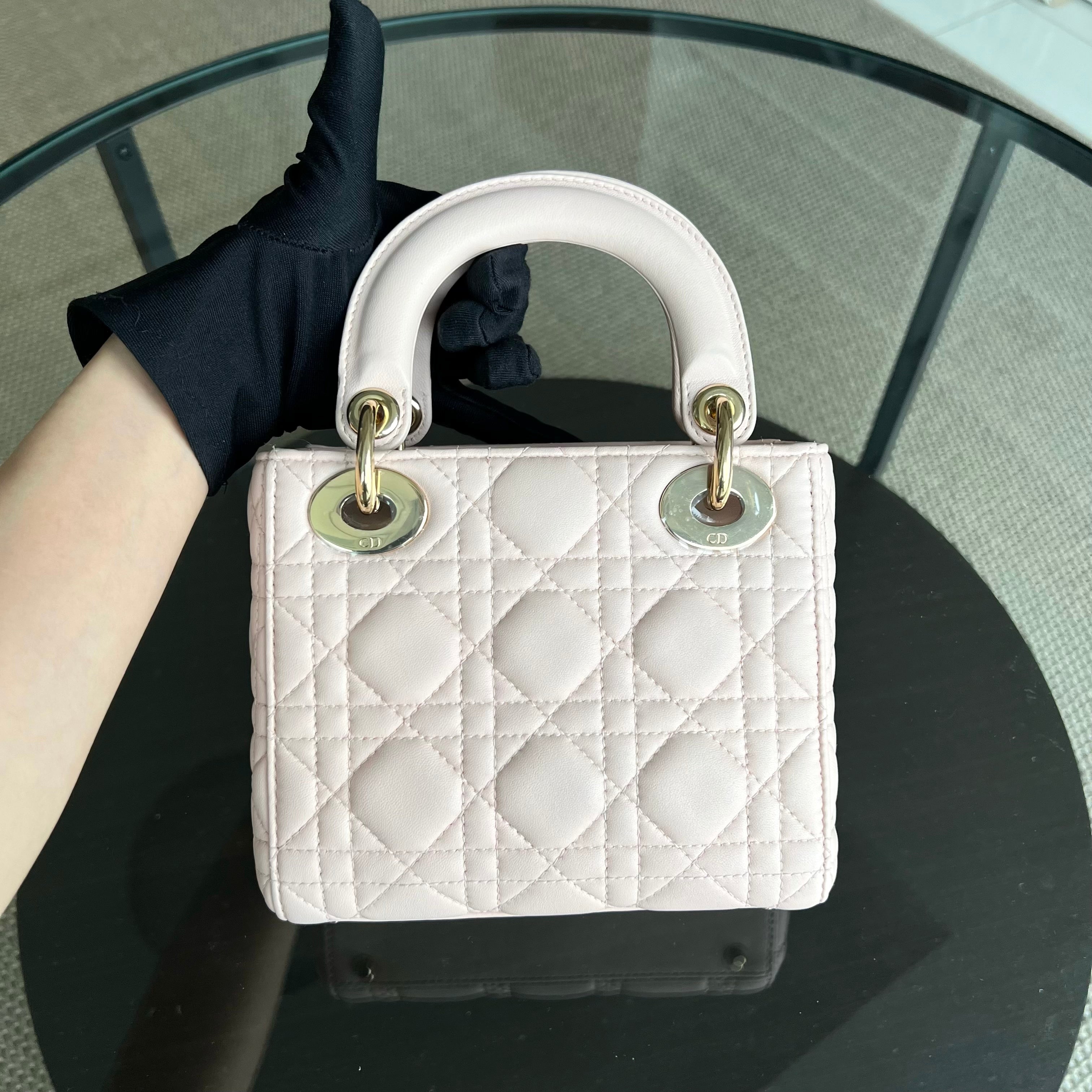 *Adjustable Strap* Dior Lady Mini Cannage Lambskin Light Pink Nude Golden Hardware - Luxury Evermore