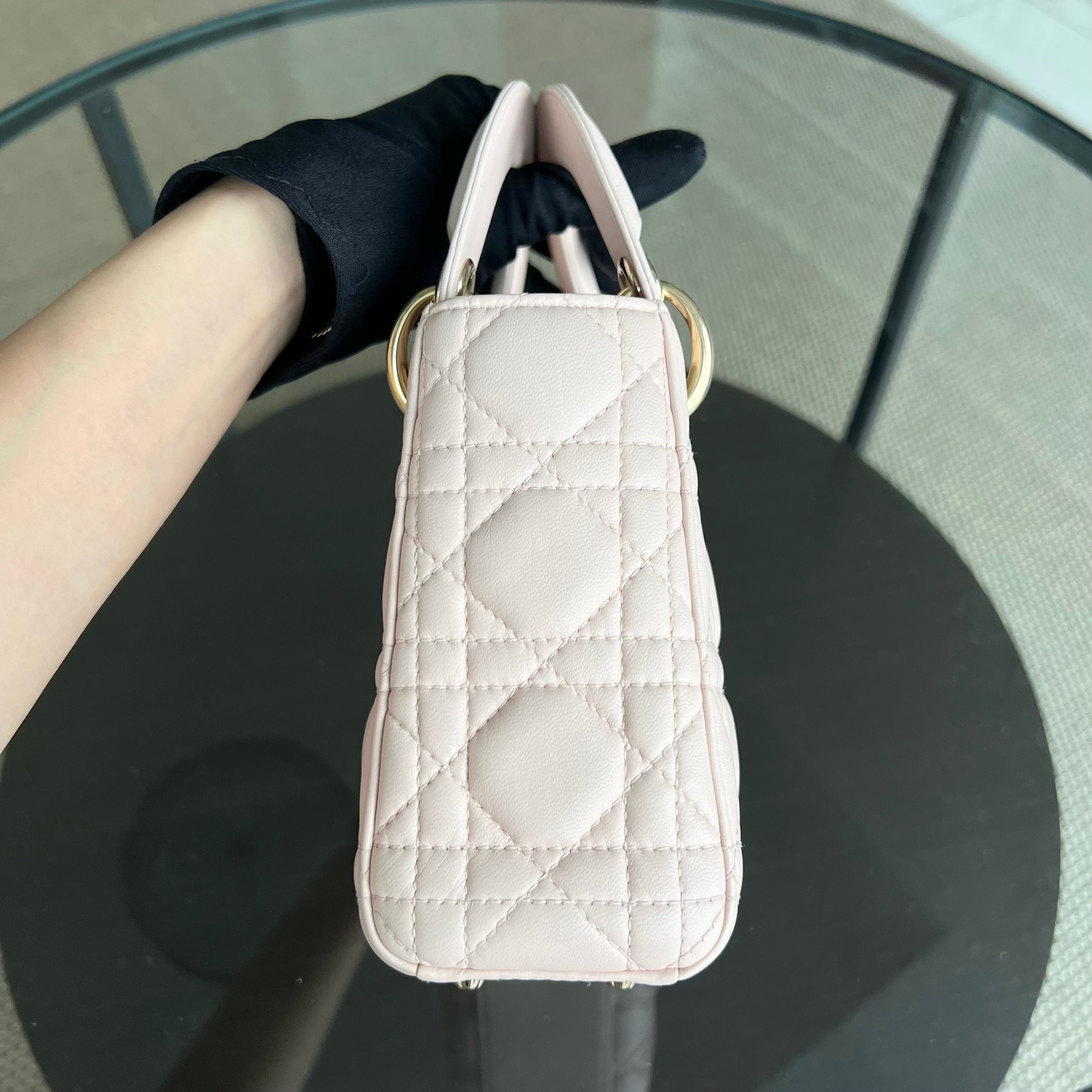 *Adjustable Strap* Dior Lady Mini Cannage Lambskin Light Pink Nude Golden Hardware - Luxury Evermore