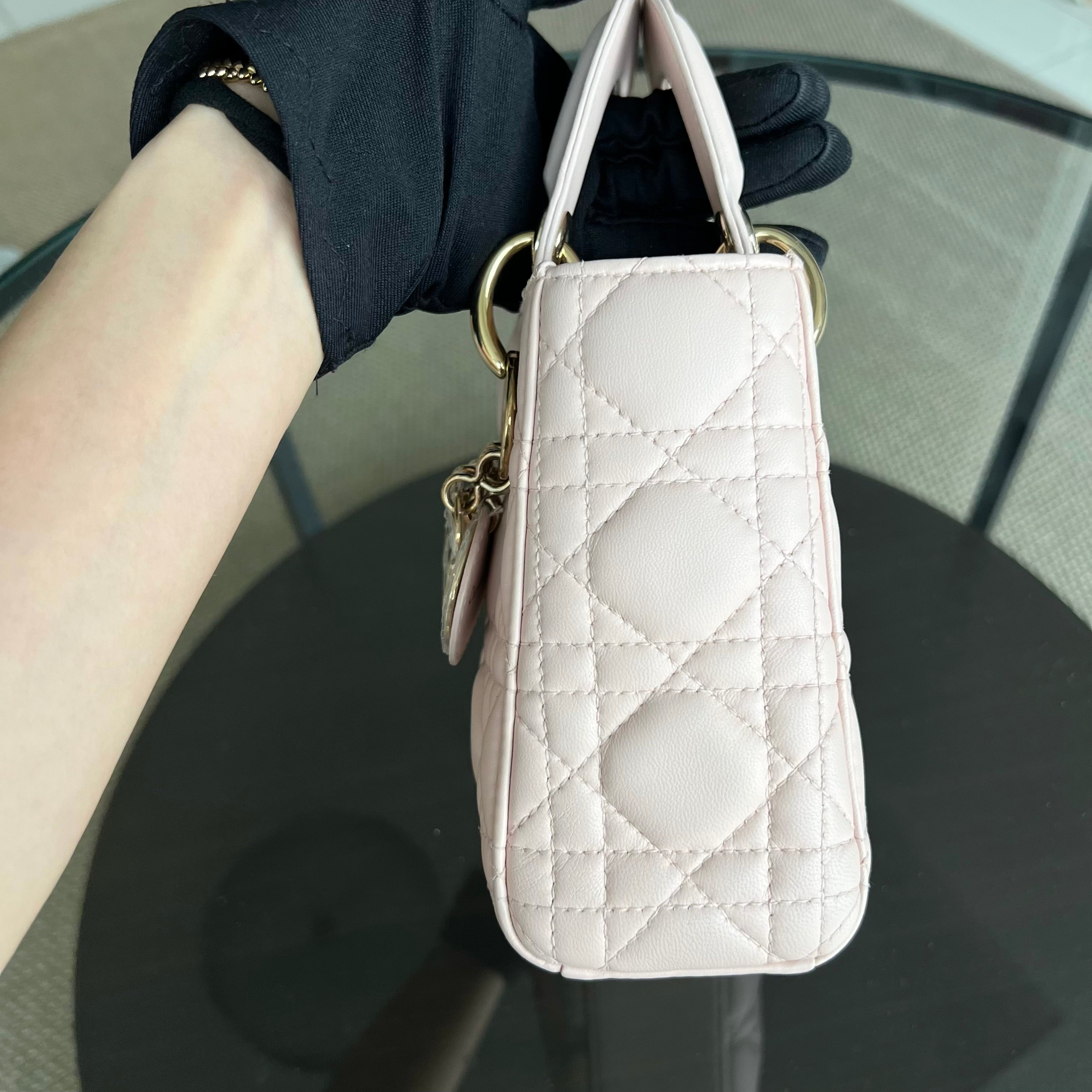 *Adjustable Strap* Dior Lady Mini Cannage Lambskin Light Pink Nude Golden Hardware - Luxury Evermore