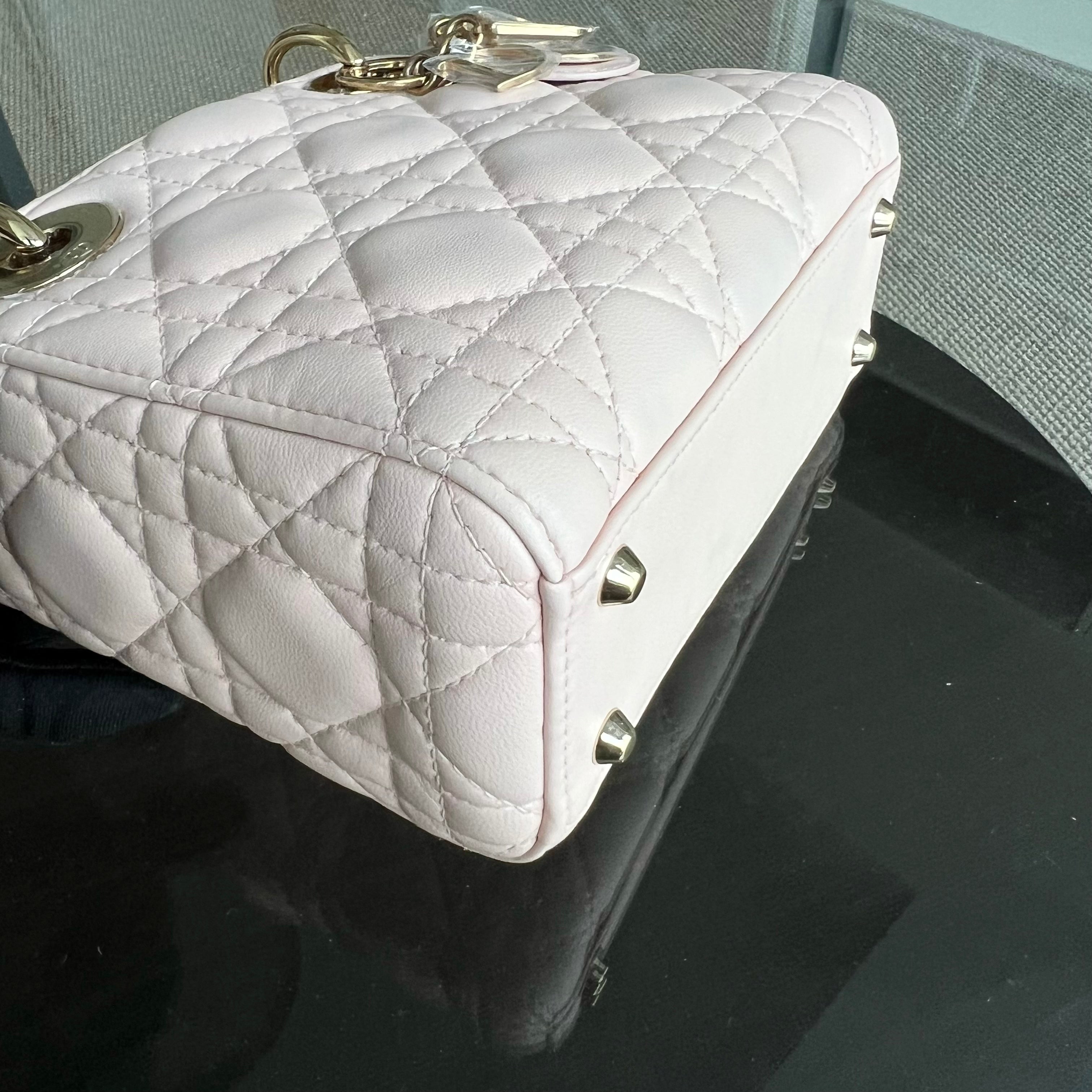 *Adjustable Strap* Dior Lady Mini Cannage Lambskin Light Pink Nude Golden Hardware - Luxury Evermore