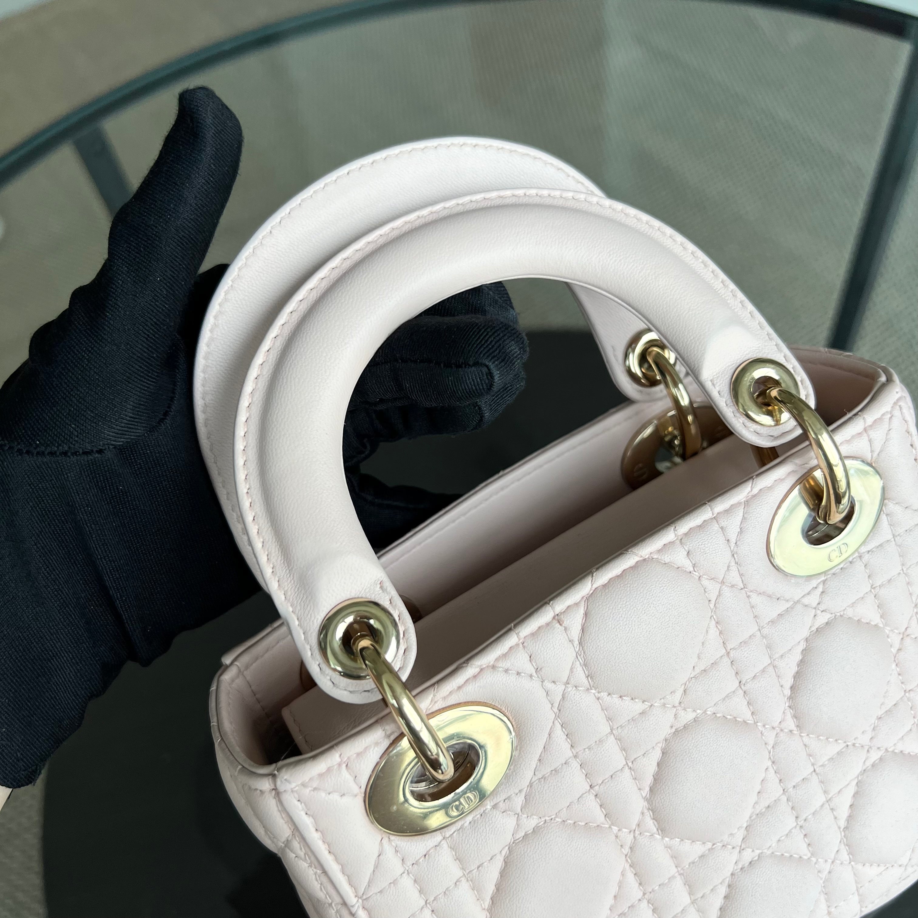 *Adjustable Strap* Dior Lady Mini Cannage Lambskin Light Pink Nude Golden Hardware - Luxury Evermore