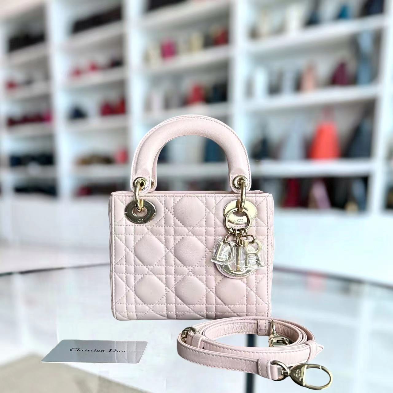 *Adjustable Strap* Dior Lady Mini Cannage Lambskin Sakura Pink GHW - Luxury Evermore