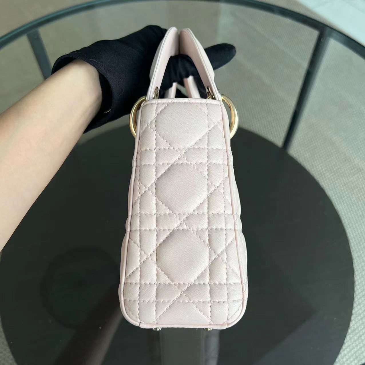 *Adjustable Strap* Dior Lady Mini Cannage Lambskin Sakura Pink GHW - Luxury Evermore