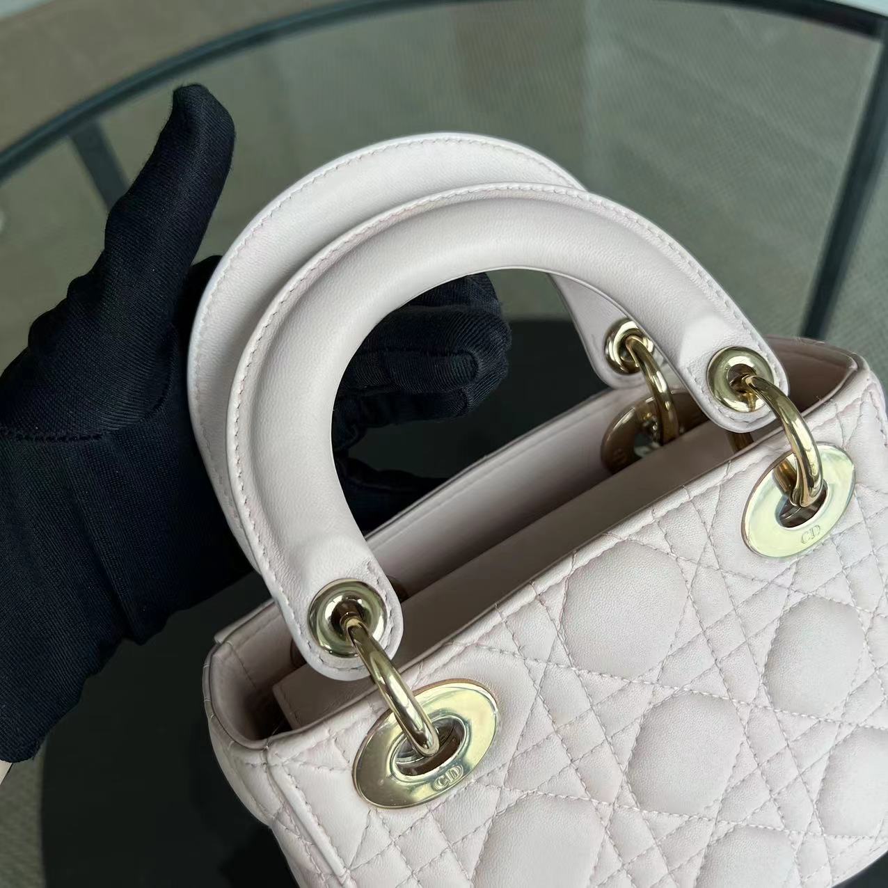 *Adjustable Strap* Dior Lady Mini Cannage Lambskin Sakura Pink GHW - Luxury Evermore