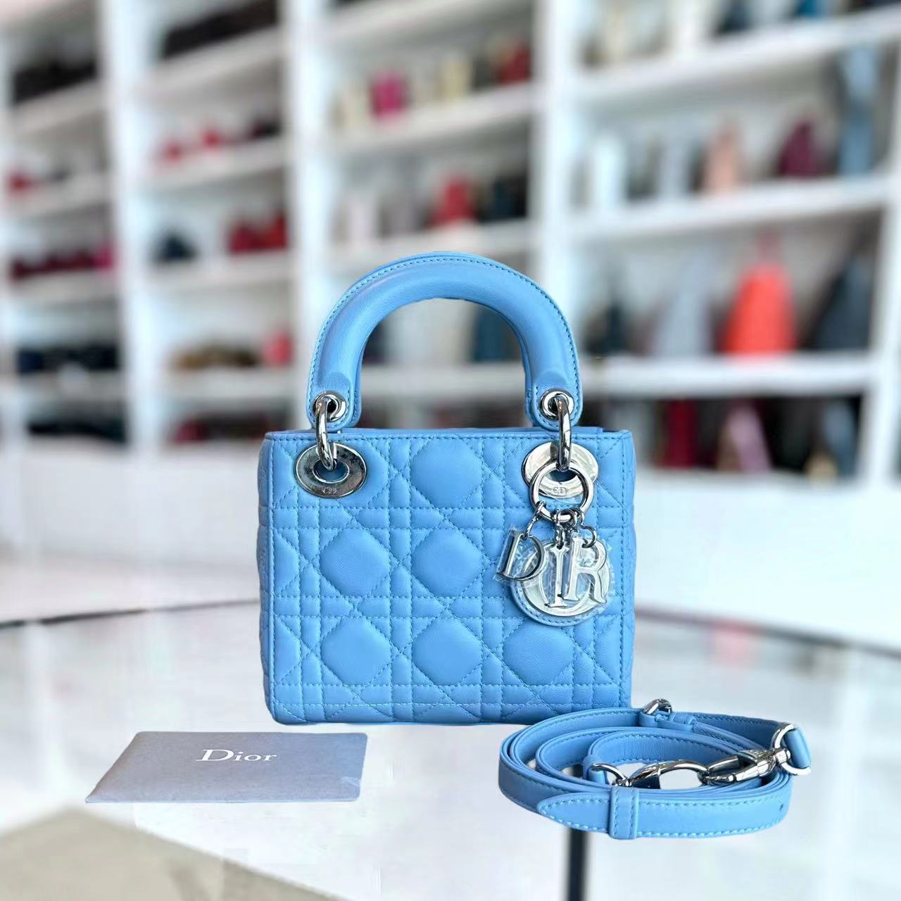 *Adjustable Strap* Dior Lady Mini Cannage Lambskin Sky Blue Silver Hardware - Luxury Evermore