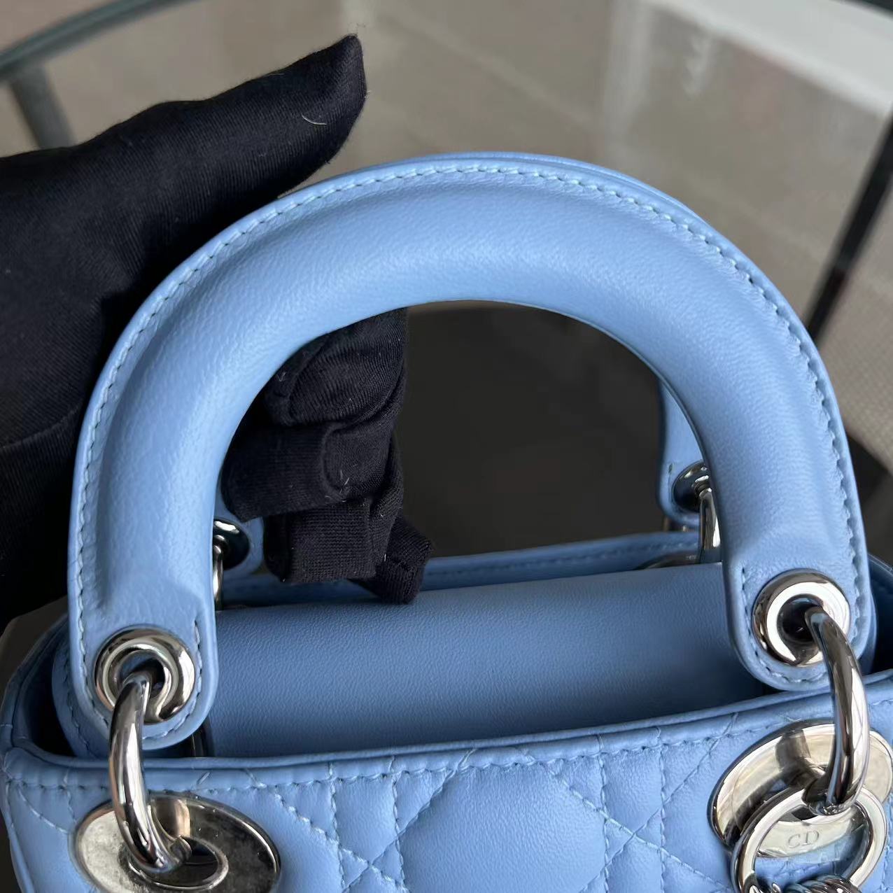 *Adjustable Strap* Dior Lady Mini Cannage Lambskin Sky Blue Silver Hardware - Luxury Evermore