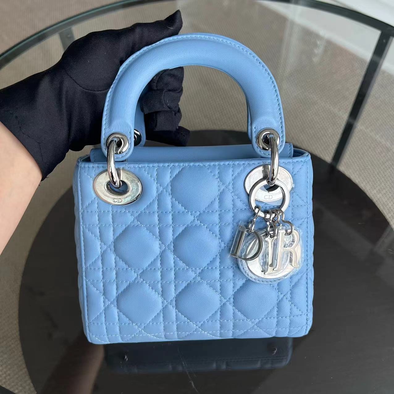 *Adjustable Strap* Dior Lady Mini Cannage Lambskin Sky Blue Silver Hardware - Luxury Evermore