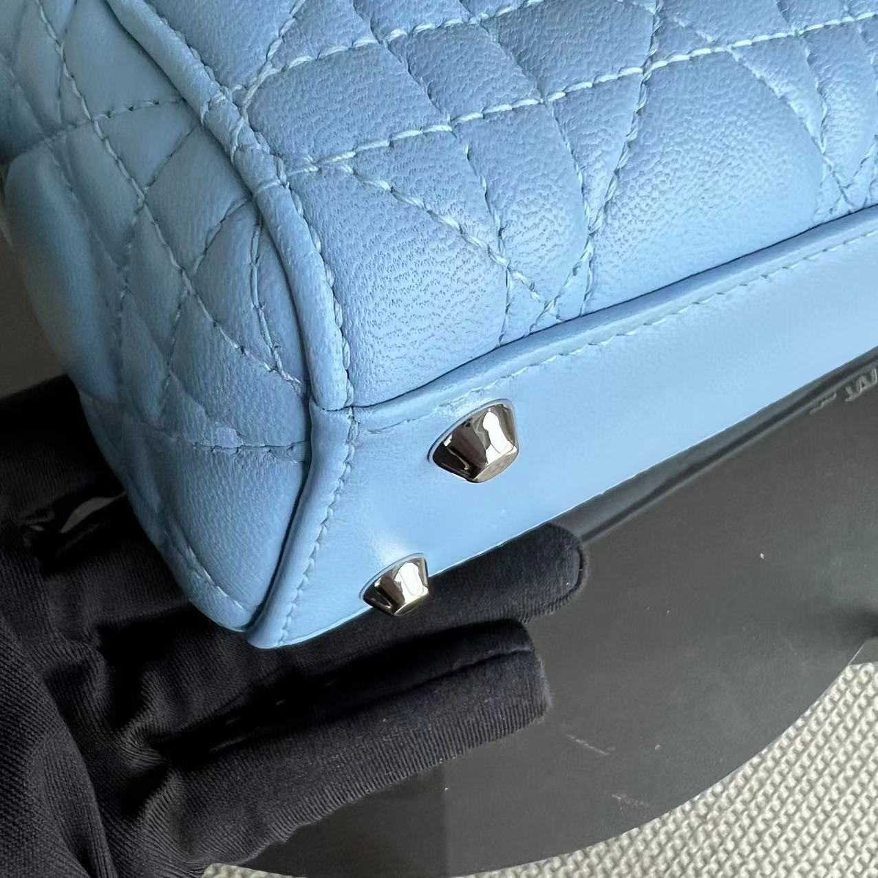 *Adjustable Strap* Dior Lady Mini Cannage Lambskin Sky Blue Silver Hardware - Luxury Evermore