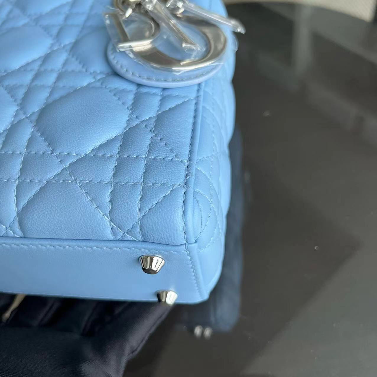 *Adjustable Strap* Dior Lady Mini Cannage Lambskin Sky Blue Silver Hardware - Luxury Evermore