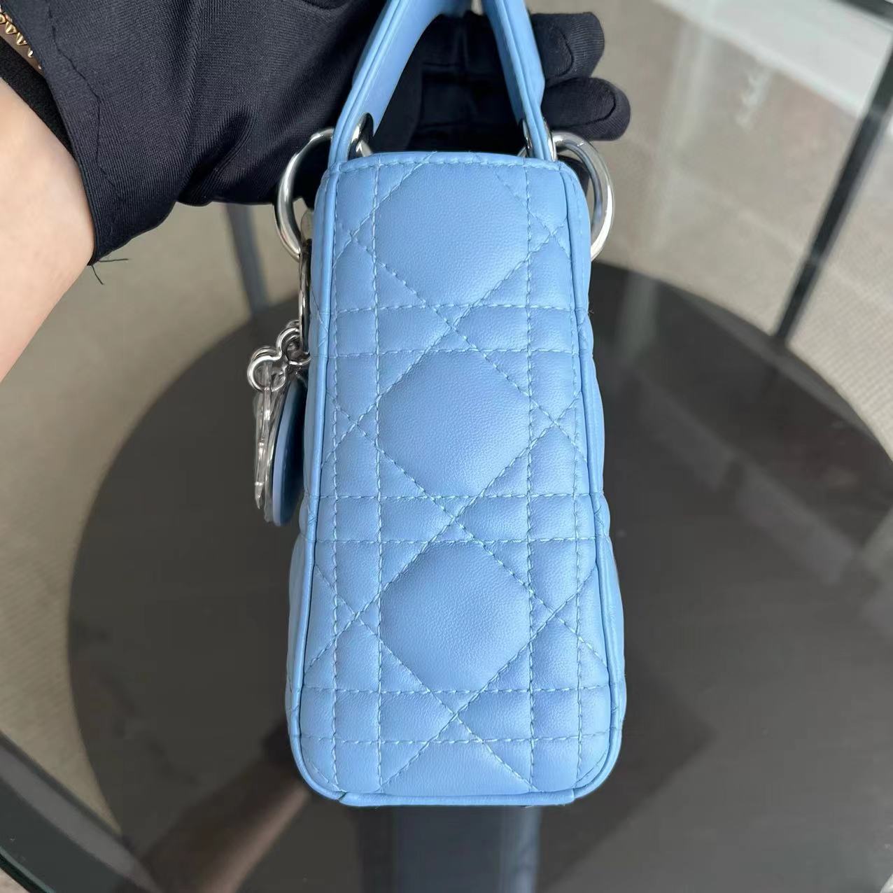 *Adjustable Strap* Dior Lady Mini Cannage Lambskin Sky Blue Silver Hardware - Luxury Evermore