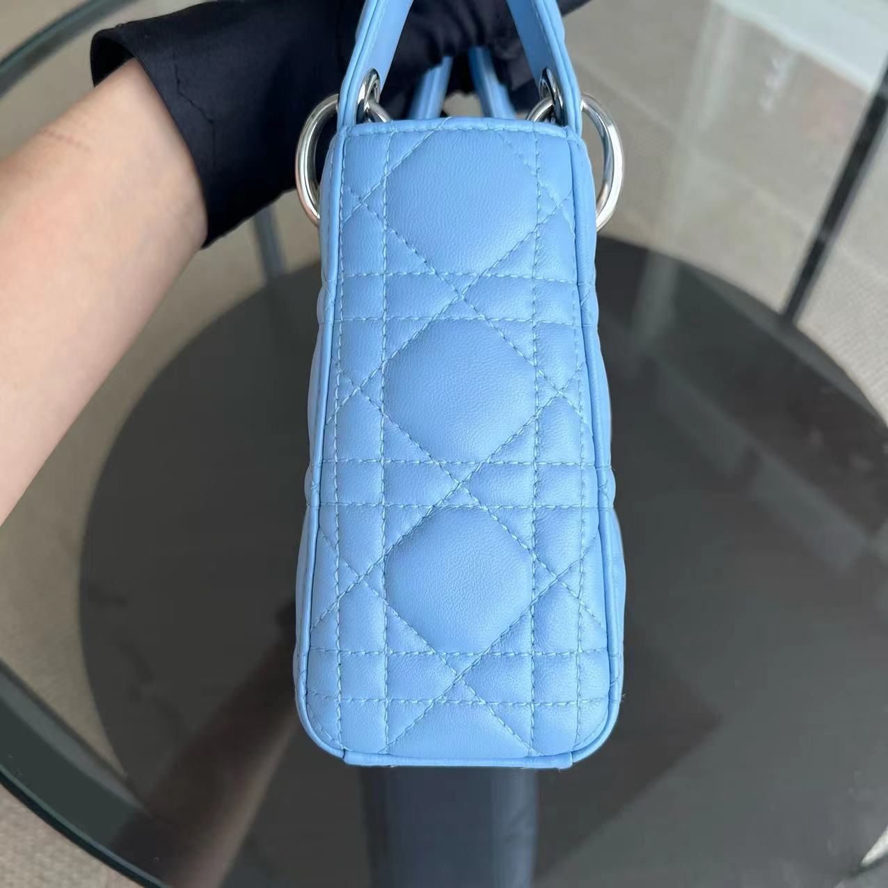 *Adjustable Strap* Dior Lady Mini Cannage Lambskin Sky Blue Silver Hardware - Luxury Evermore