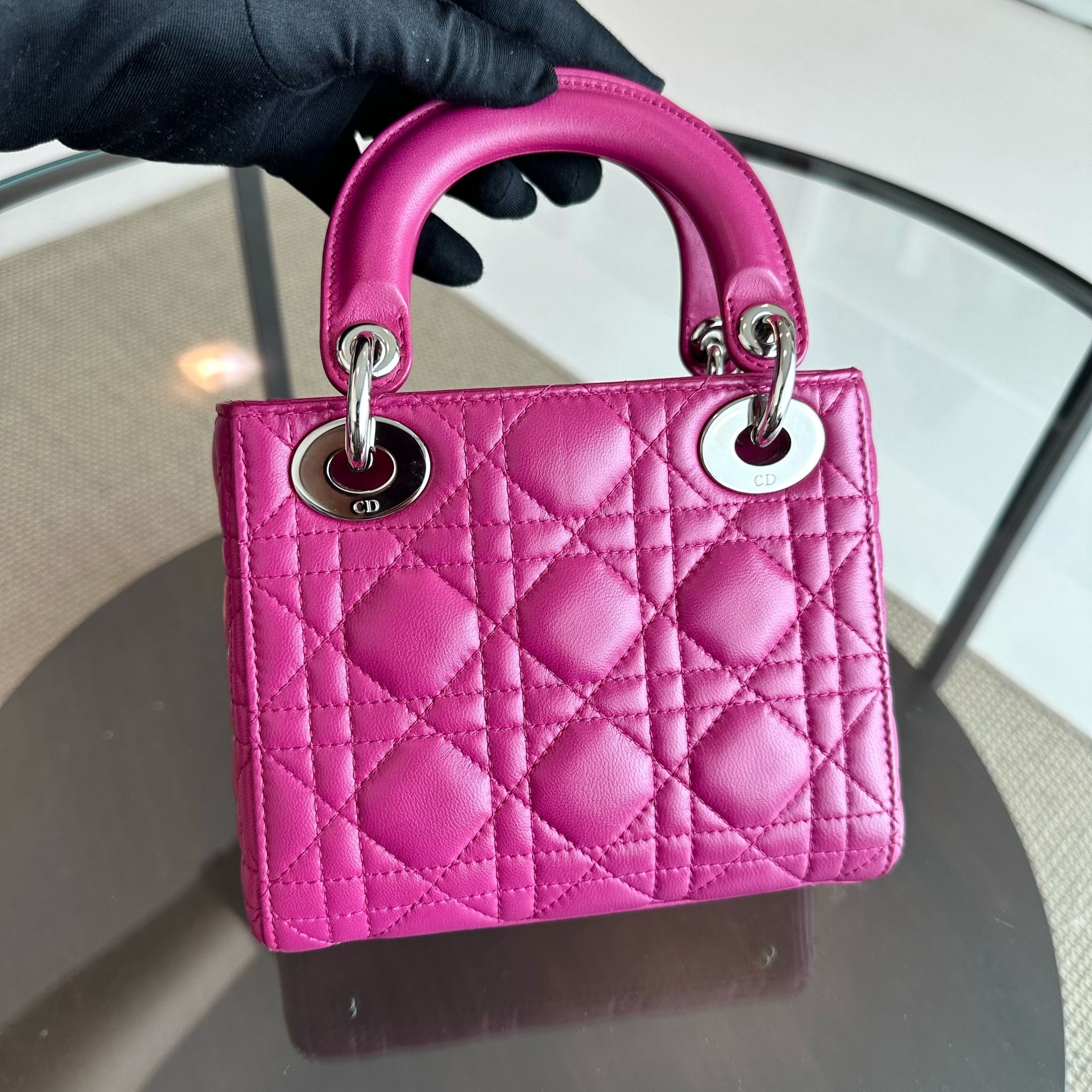 *Adjustable strap* Dior Lady Mini Lambskin Flap Cannage Purple SHW - Luxury Evermore