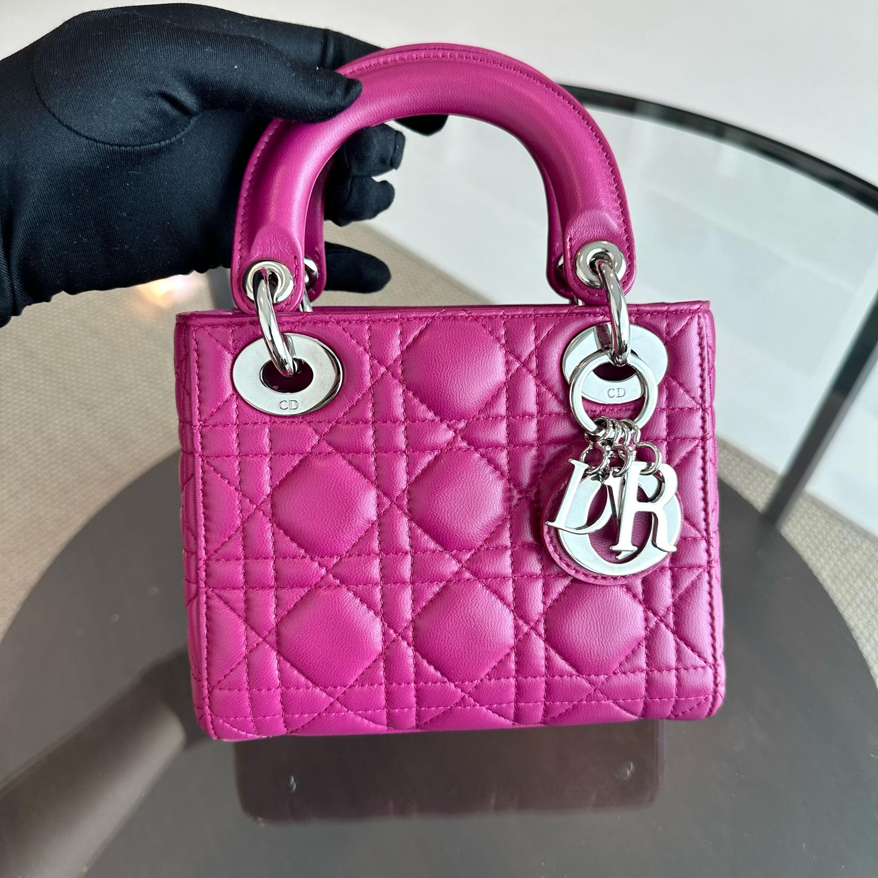 *Adjustable strap* Dior Lady Mini Lambskin Flap Cannage Purple SHW - Luxury Evermore