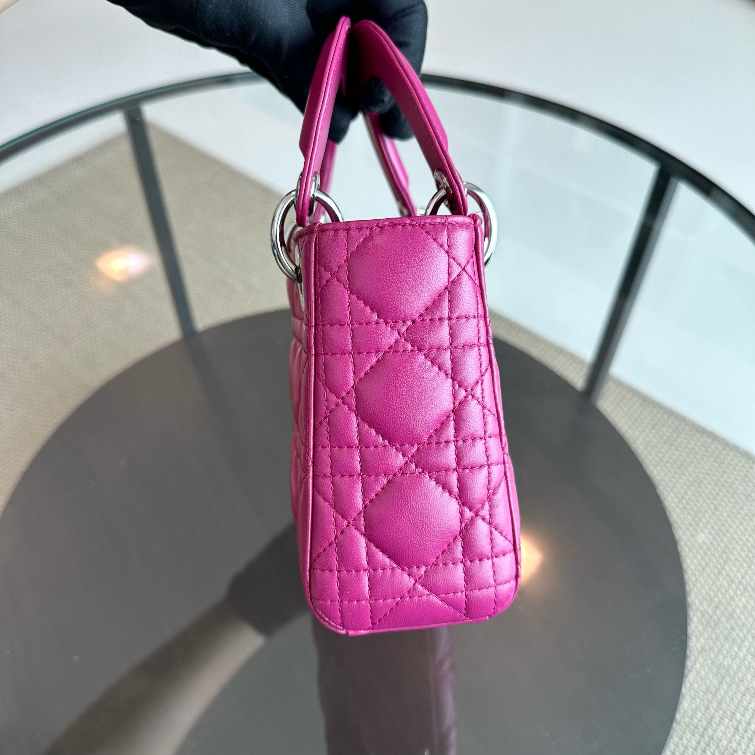 *Adjustable strap* Dior Lady Mini Lambskin Flap Cannage Purple SHW - Luxury Evermore