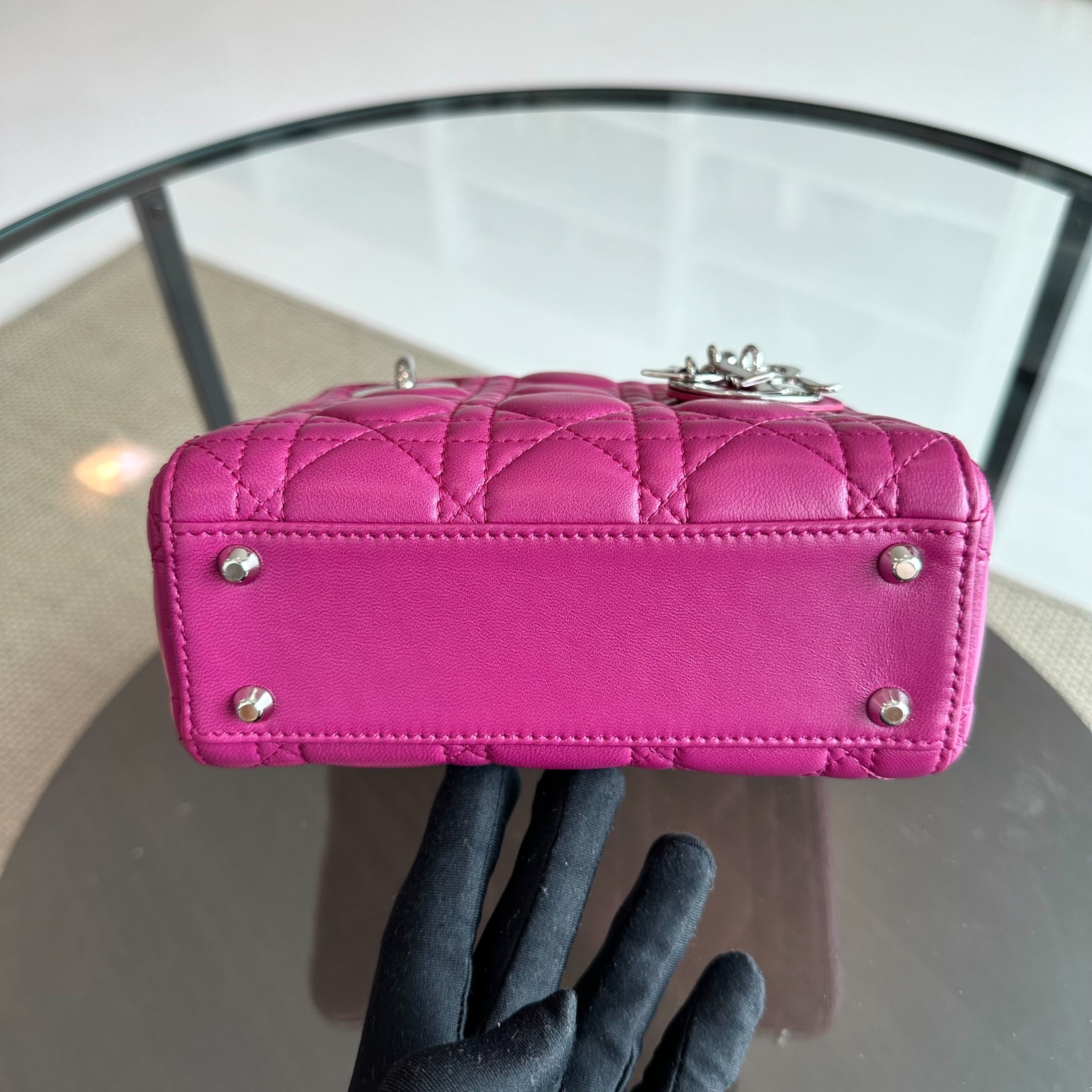 *Adjustable strap* Dior Lady Mini Lambskin Flap Cannage Purple SHW - Luxury Evermore