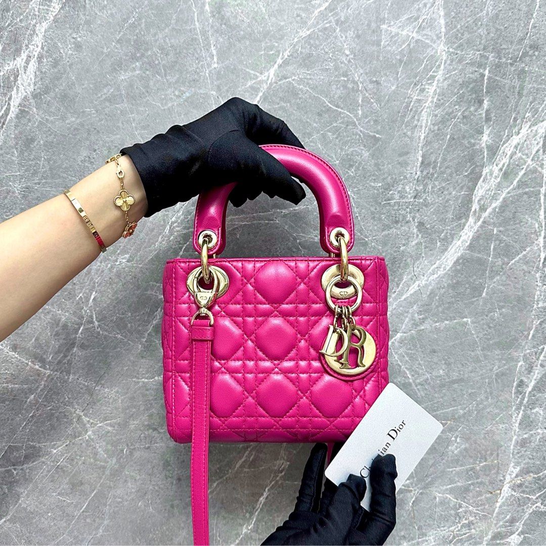 *Adjustable Strap* Dior Lady Mini Lambskin Hot Pink GHW - Luxury Evermore