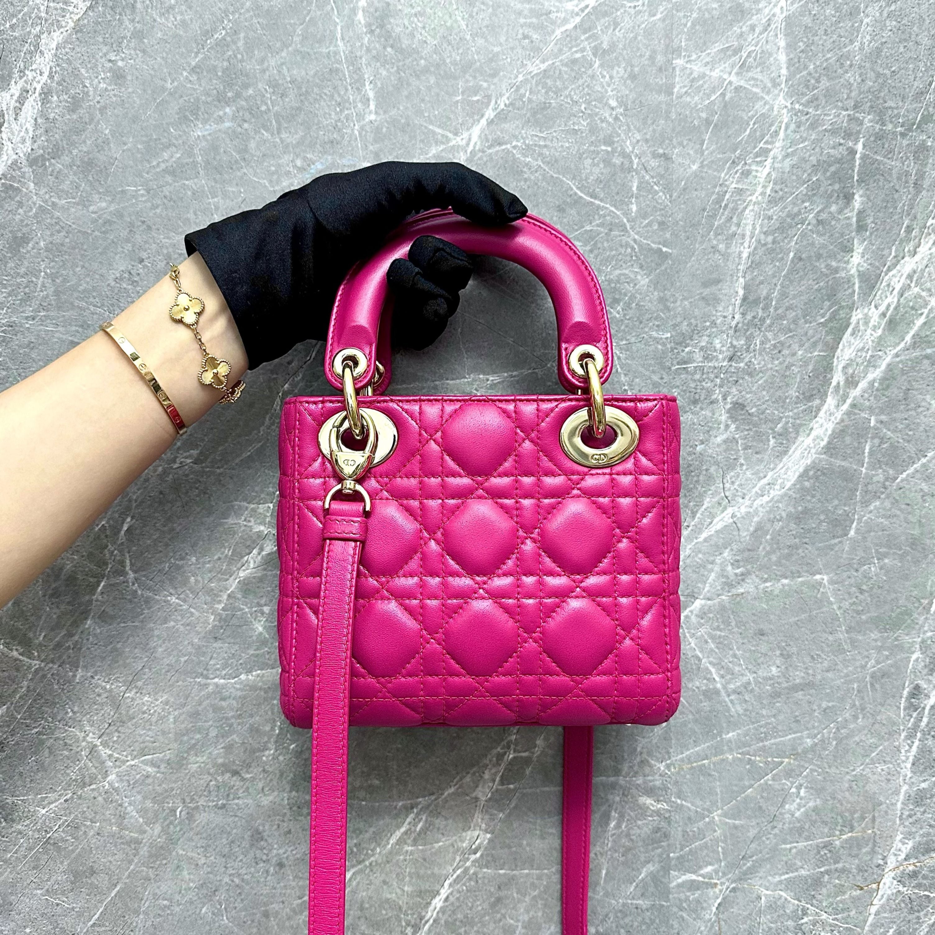 *Adjustable Strap* Dior Lady Mini Lambskin Hot Pink GHW - Luxury Evermore