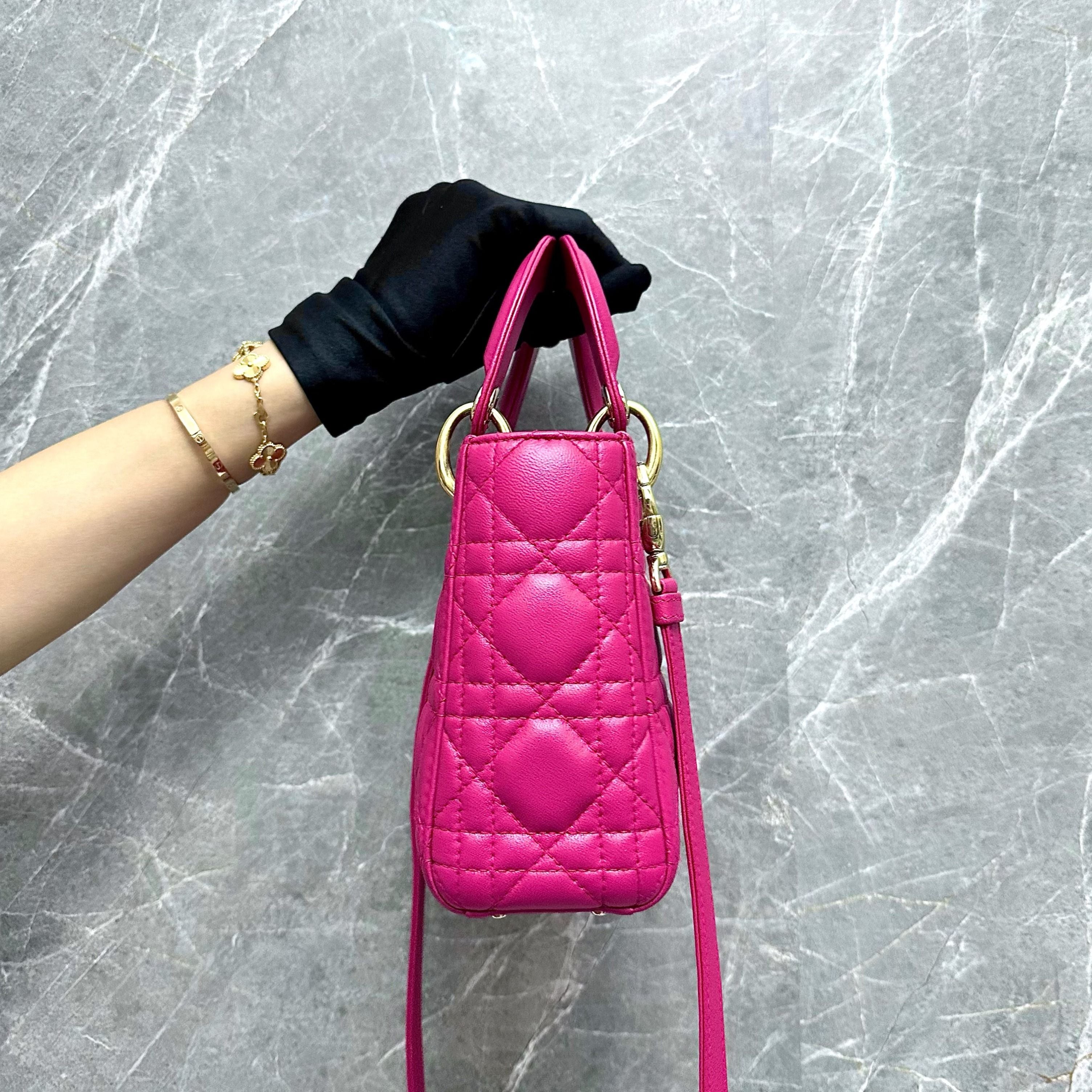 *Adjustable Strap* Dior Lady Mini Lambskin Hot Pink GHW - Luxury Evermore