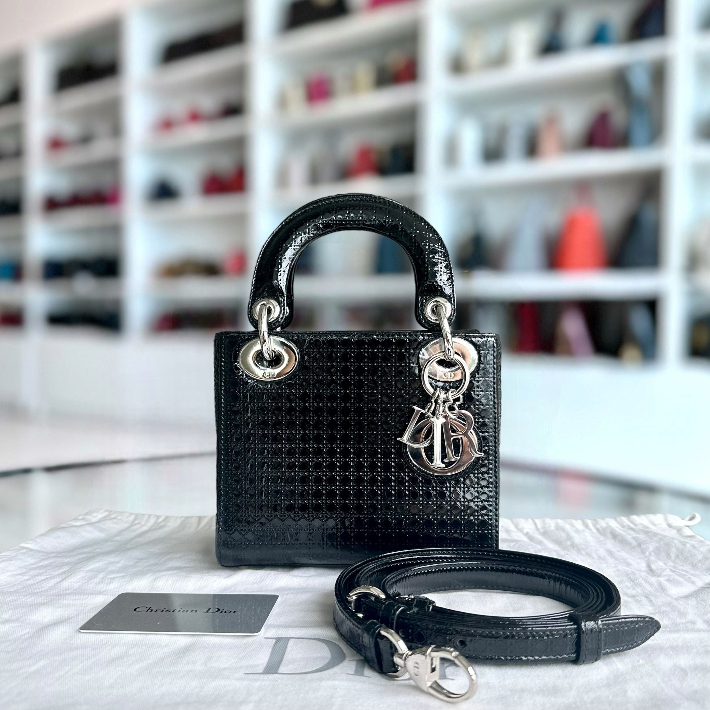 *Adjustable strap* Dior Lady Mini Micro-Cannage Glazed Calfskin Leather Black SHW - Luxury Evermore