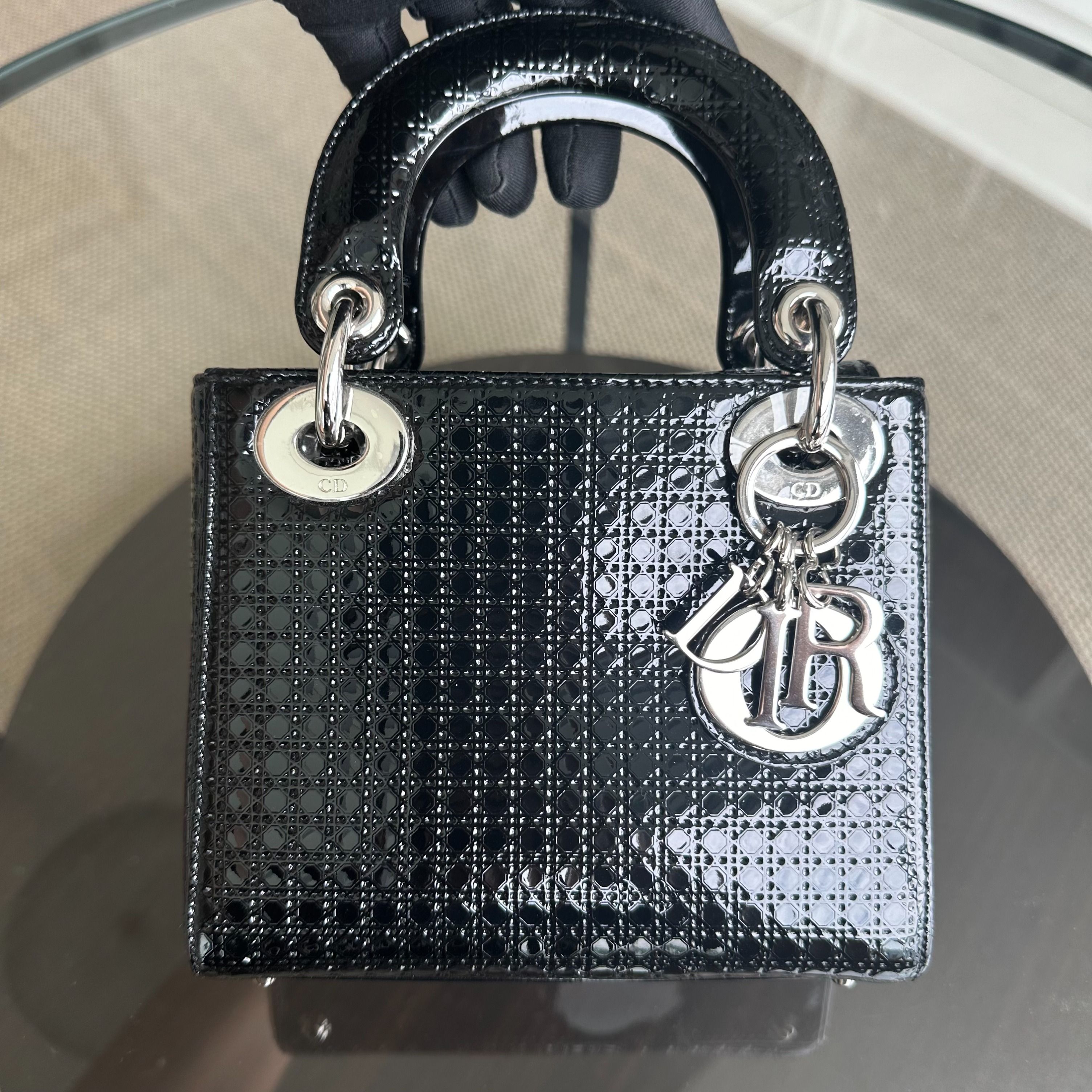 *Adjustable strap* Dior Lady Mini Micro-Cannage Glazed Calfskin Leather Black SHW - Luxury Evermore