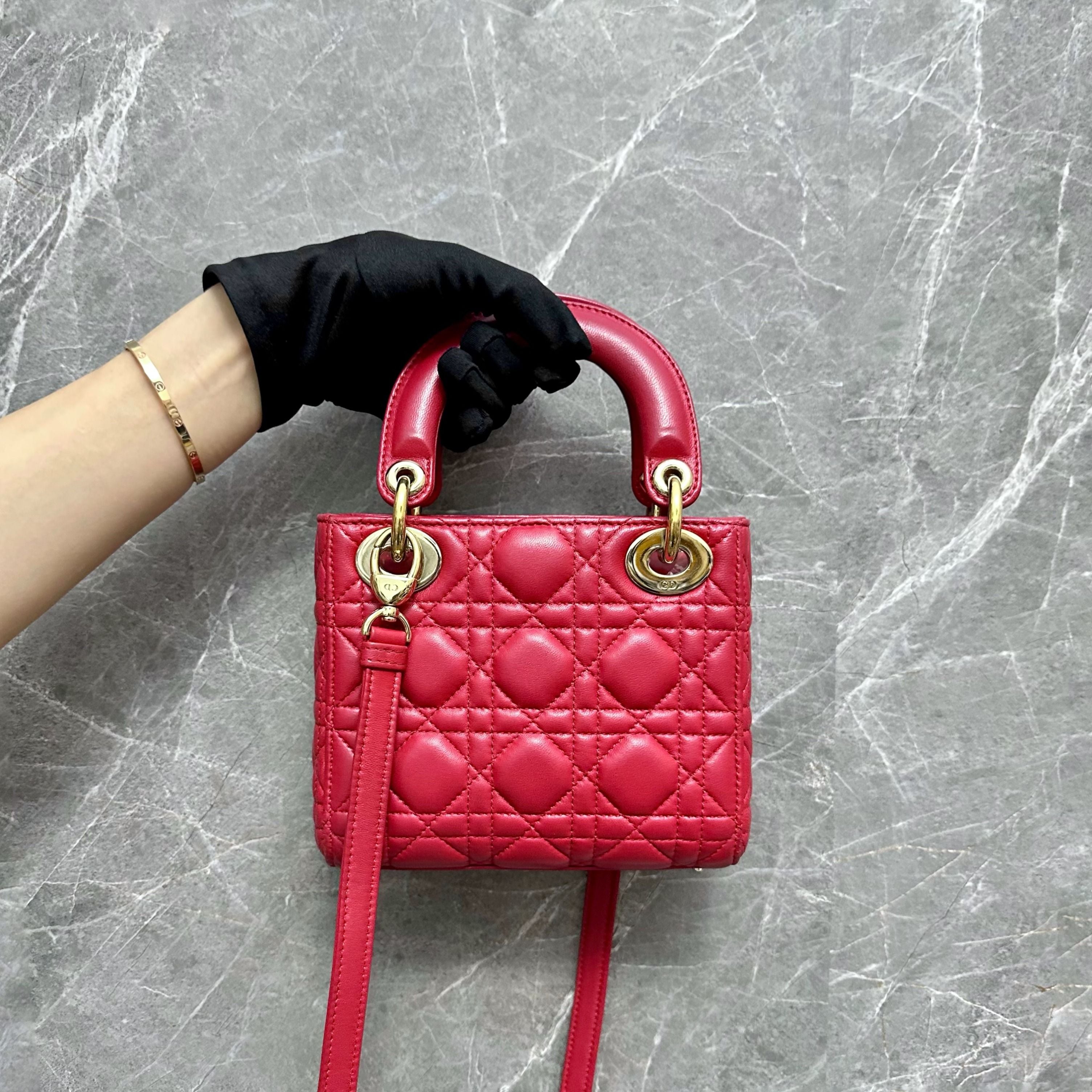 *Adjustable Strap* Dior lady Mini Red Lambskin GHW - Luxury Evermore