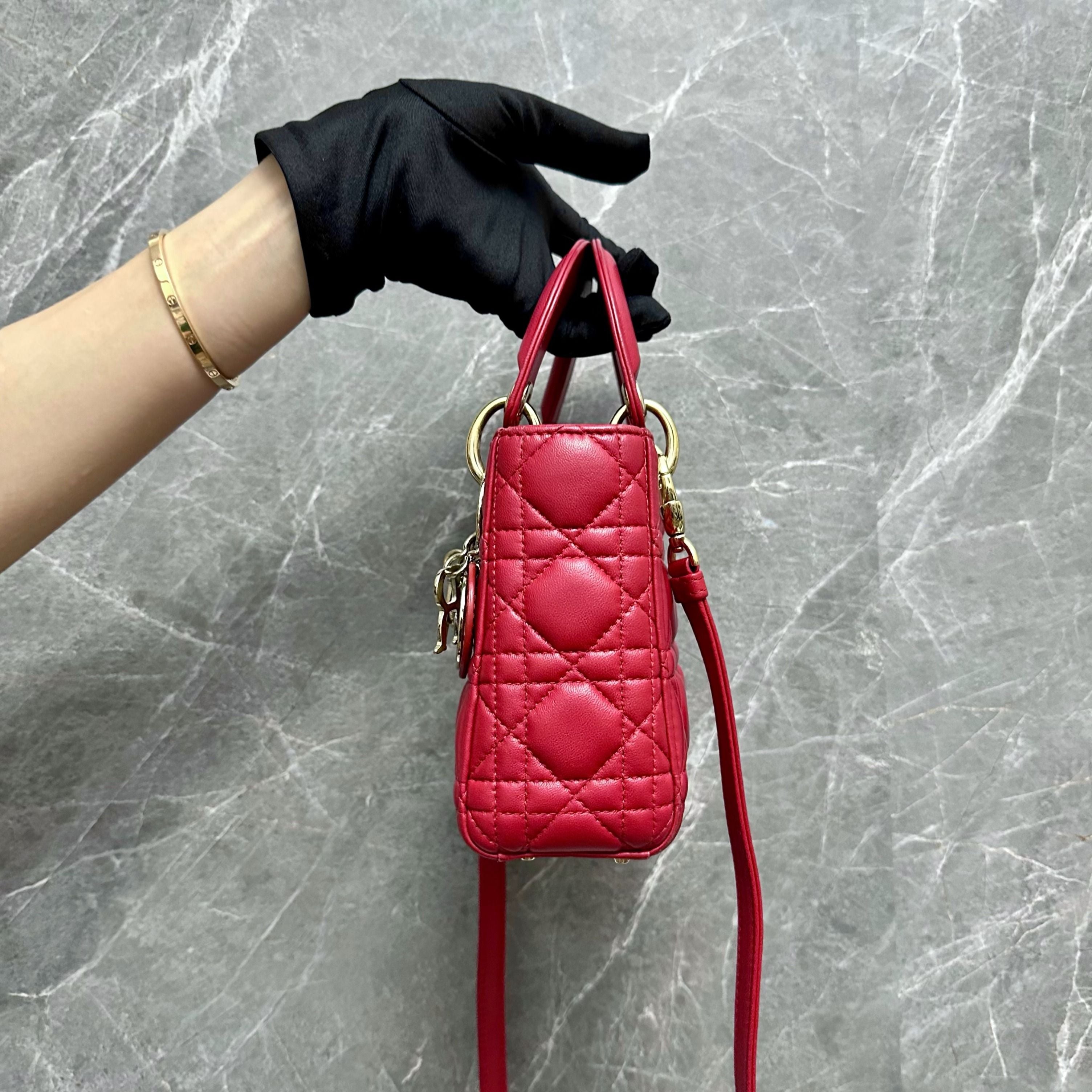 *Adjustable Strap* Dior lady Mini Red Lambskin GHW - Luxury Evermore