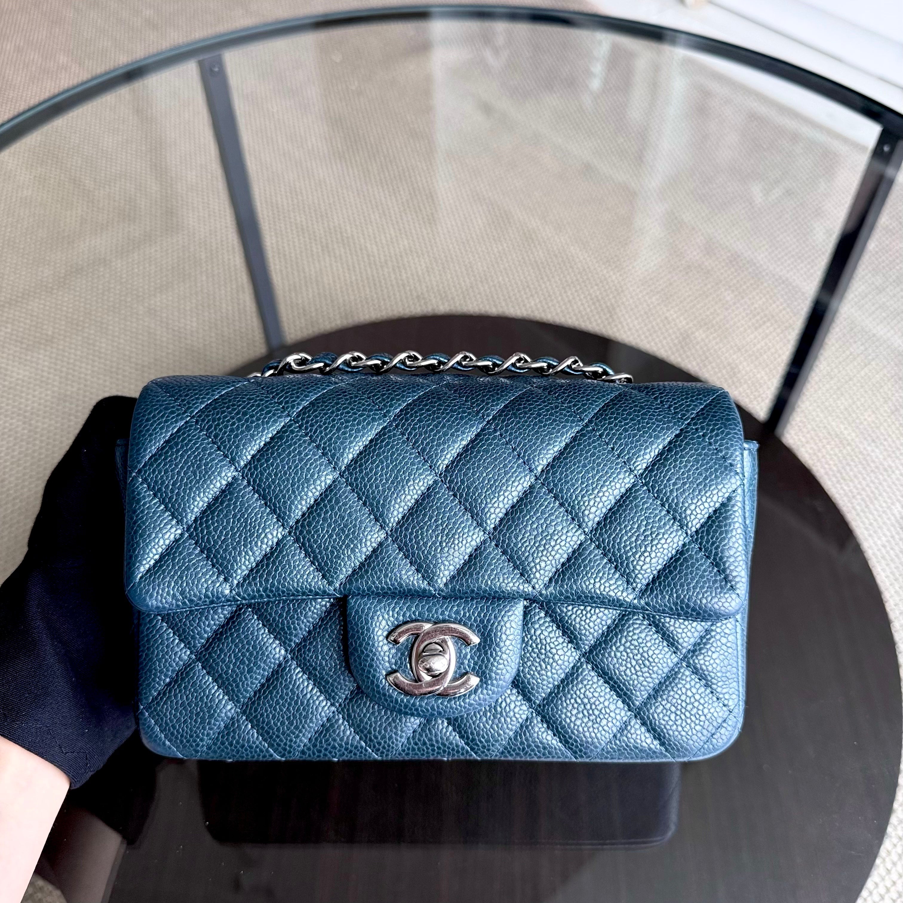 Chanel Classic Flap Mini - Caviar 20CM Rectangle Quilted Dark Green Blue Silver Hardware Series 20