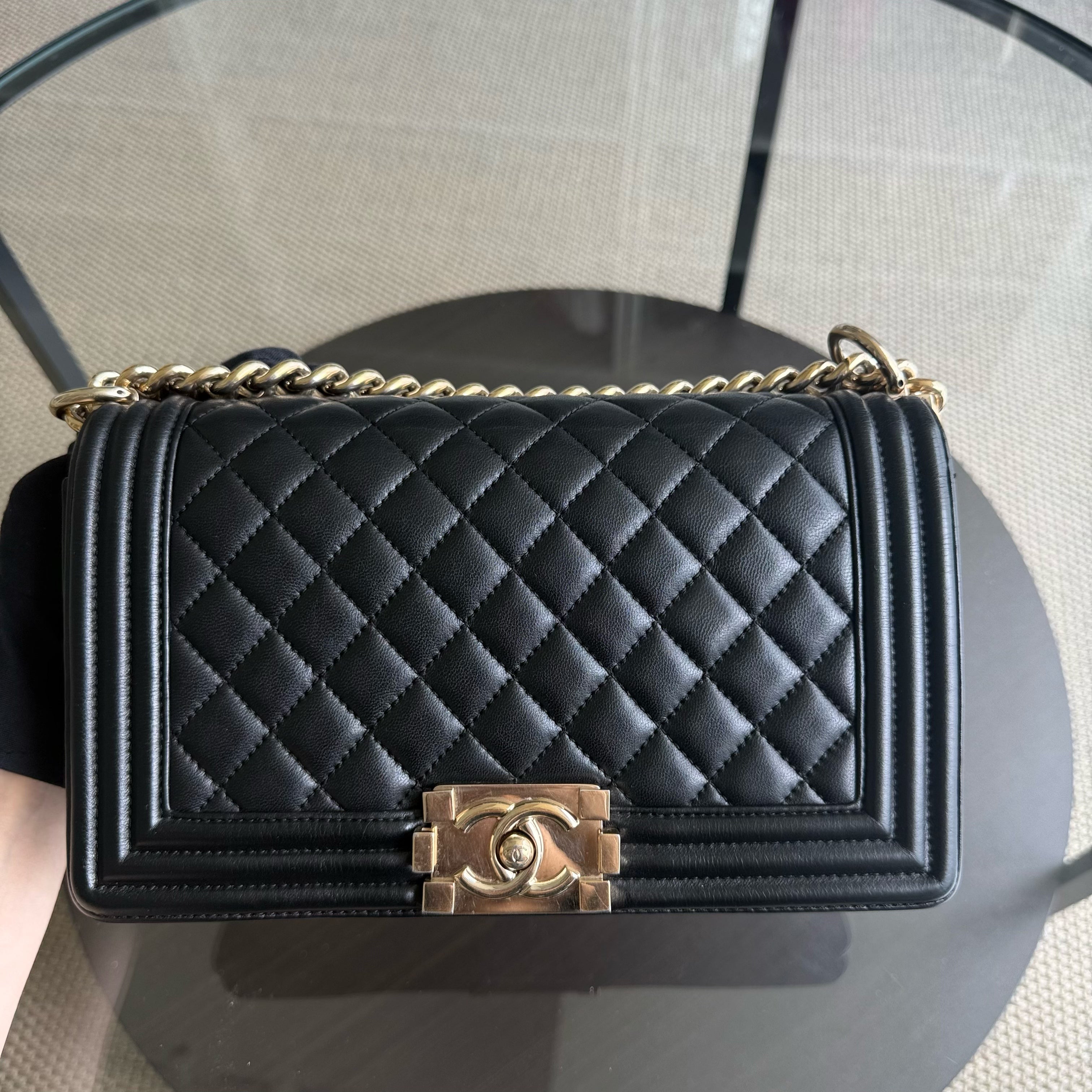 Chanel Boy Medium - 25CM Quilted Lambskin Black Gold Hardware Series 22