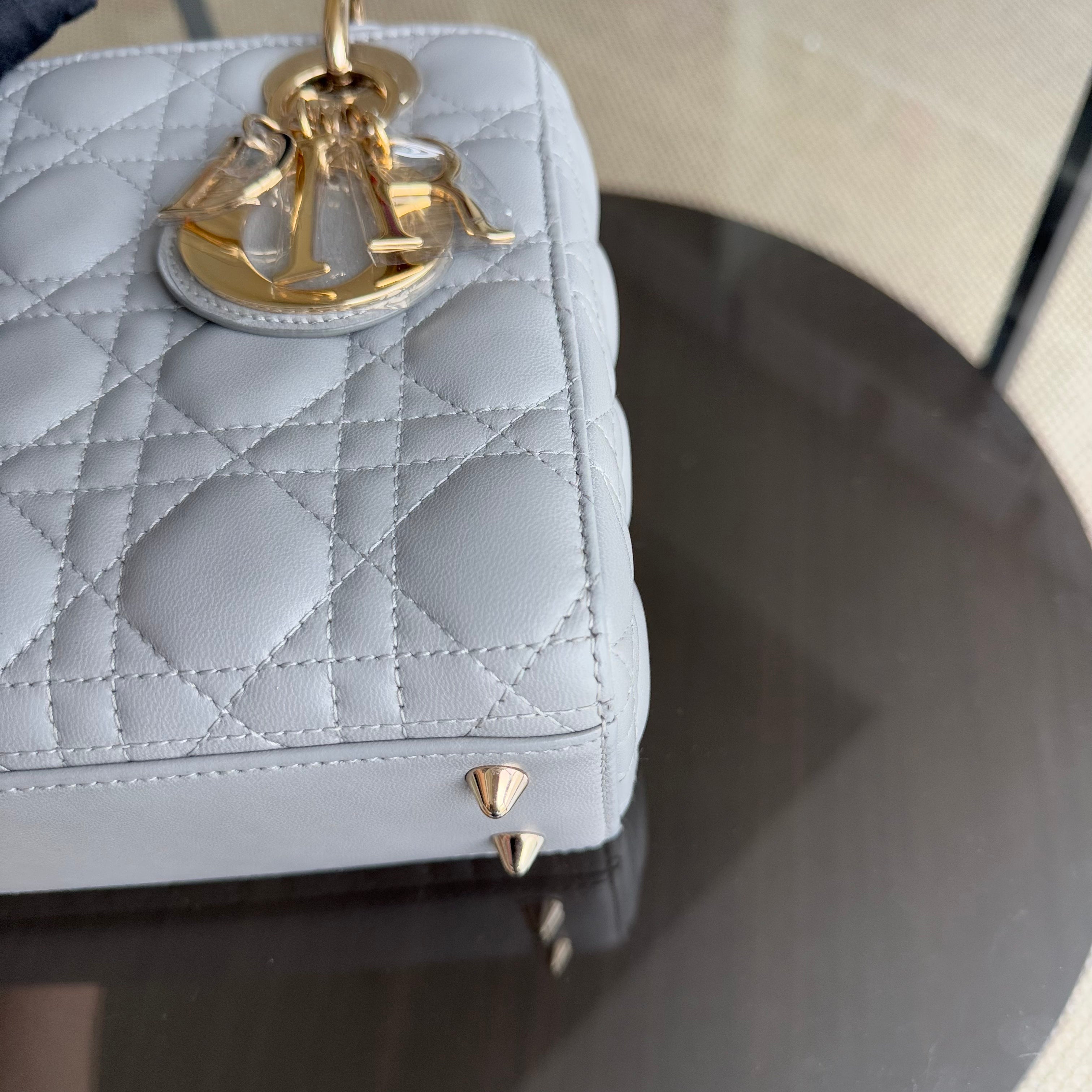 Dior Lady Small - Cannage Lambskin Grey Gray Gold Hardware