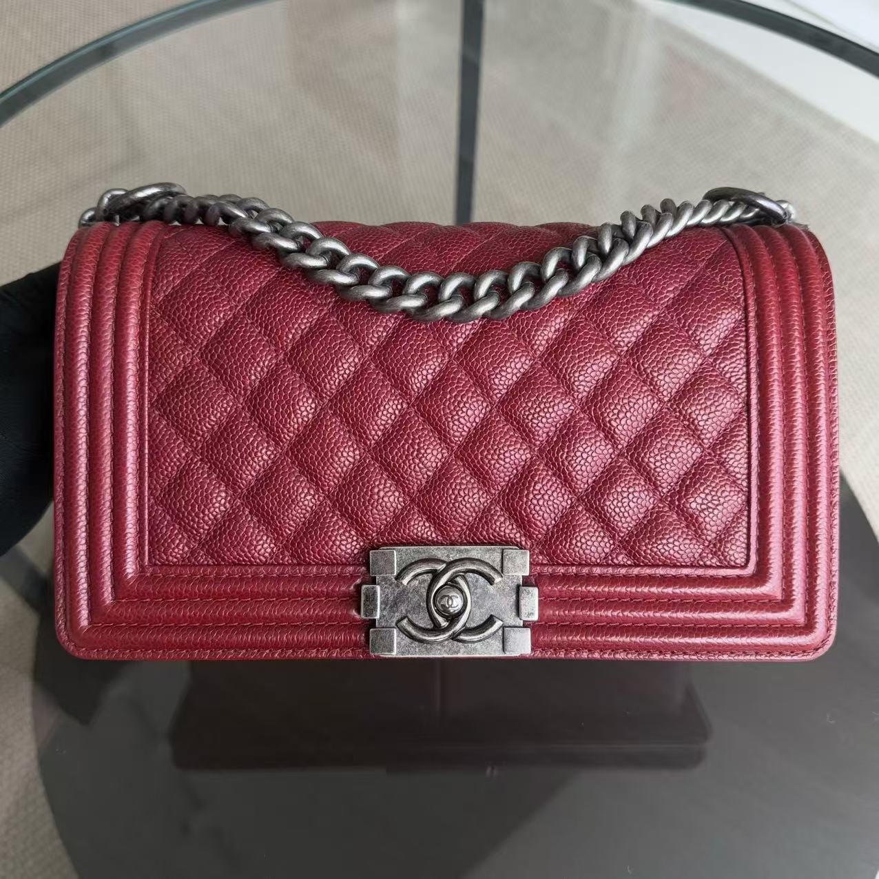 Chanel Boy Medium - Caviar 25CM Quilted Burgundy Dark Red Ruthenium Silver Hardware Series 20