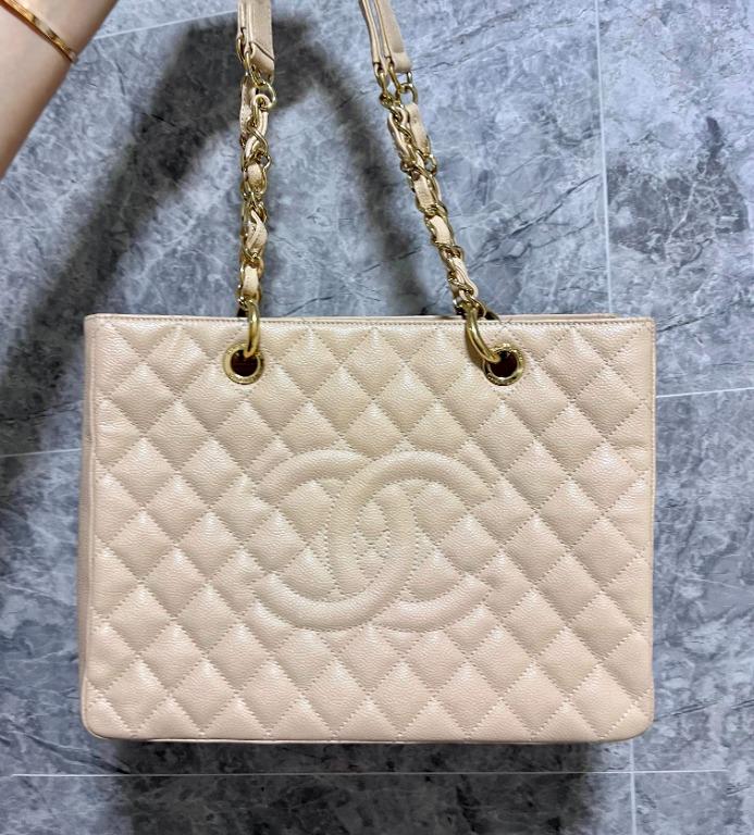 Authentic Chanel Beige Grand Shopping Tote GST with Gold Hardware Caviar - Luxury Evermore