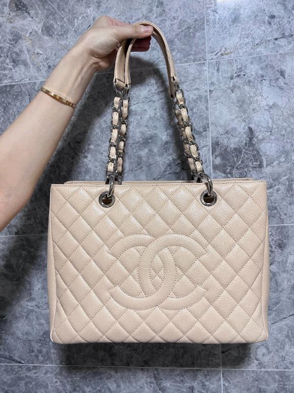 Authentic Chanel Beige Grand Shopping Tote GST with Silver Hardware Caviar - Luxury Evermore